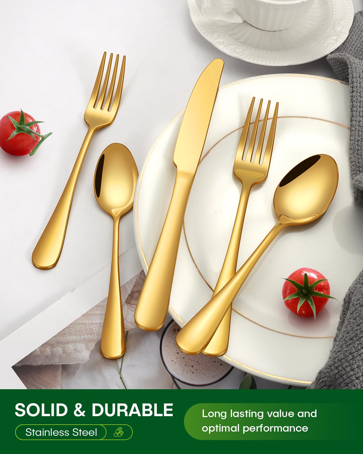 PHILIPALA 40 Piece Gold Silverware Set, Stainless Steel Flatware Set for 8 Food Grade Cutlery Utensil Set Include Knife Fork Spoon Mirror Polished Dishwasher Safe