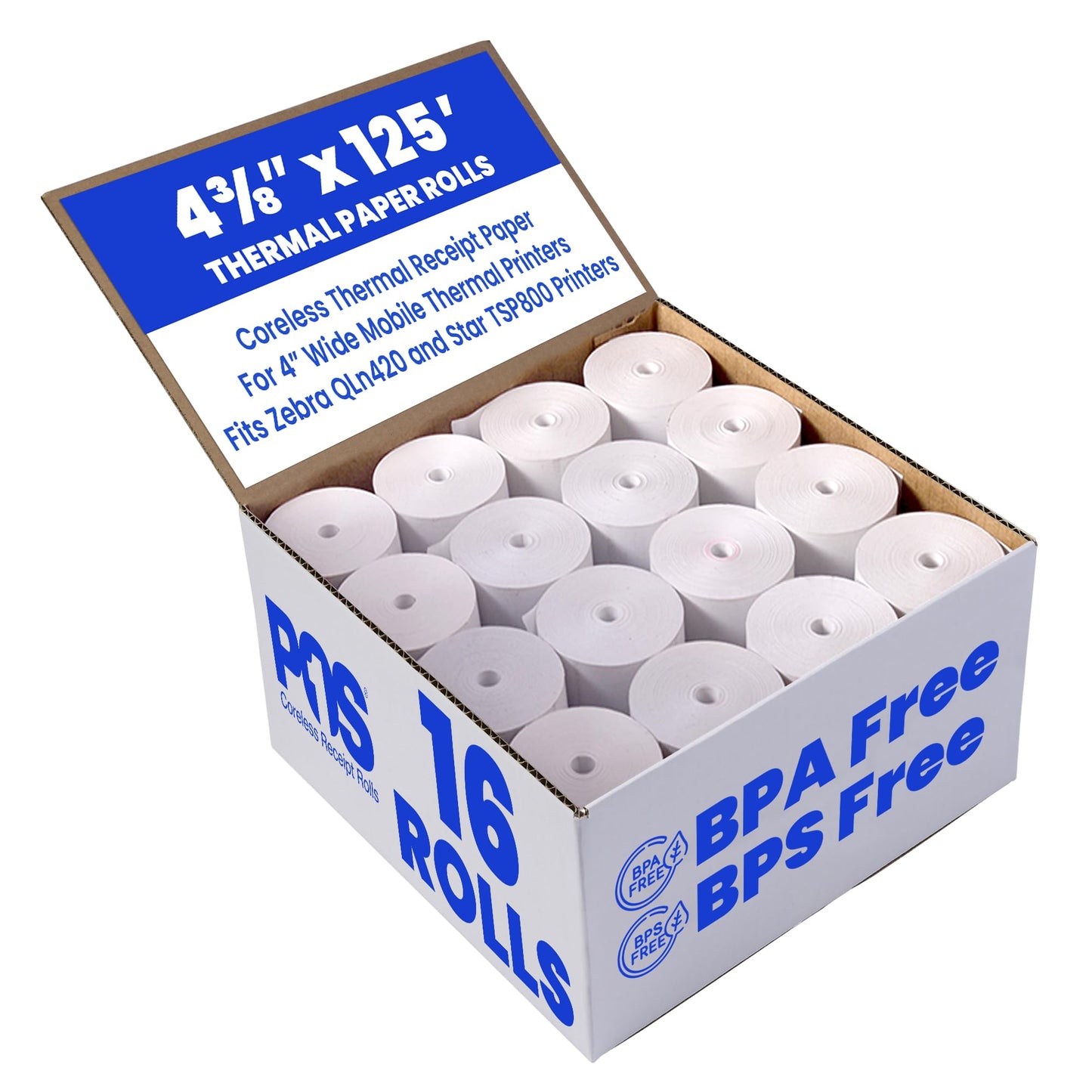 POS1 4 3/8 x 125 feet x 16 rolls CORELESS BPA Free Thermal Paper Rolls for Zebra QLn420 and Star TSP800 Mobile Thermal Receipt Printers. 50mm diameter