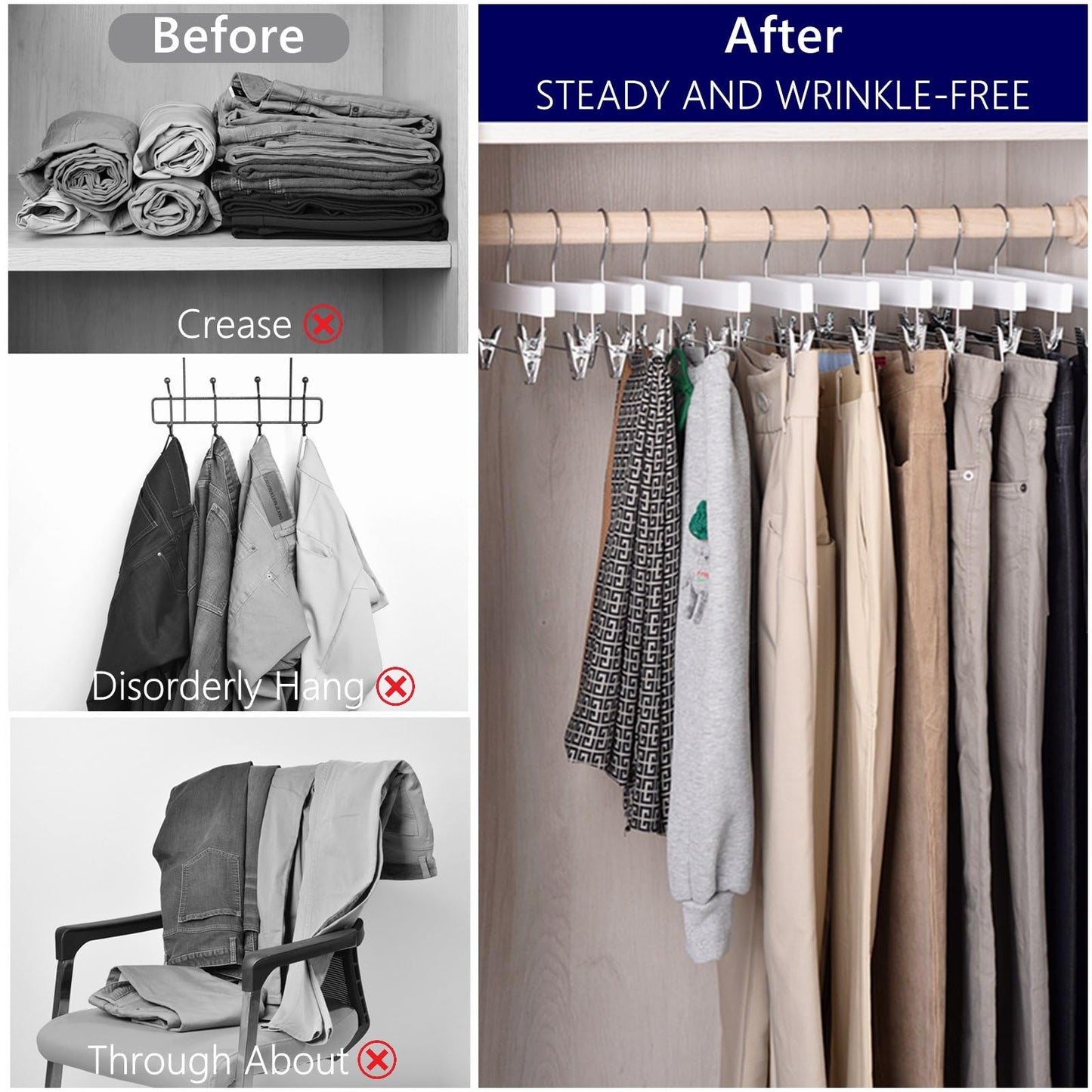 Amber Home 24 Pack White Wooden Pants Hangers with Clips, 14" Wood Skirt & Trousers Hangers, Closet Hangers for Jeans, Slacks, Shorts, with 2-Adjustable Clips (White, 24)