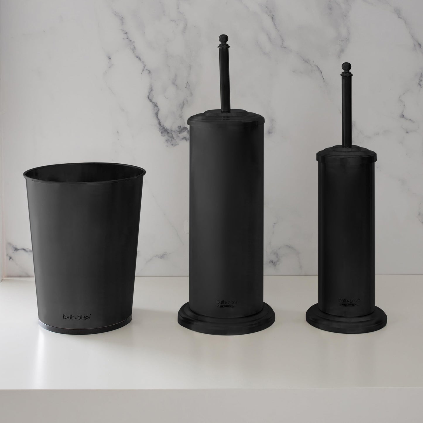Bath Bliss Trash Can, Toilet Brush and Plunger 3 Piece Bathroom Set in Matte Black