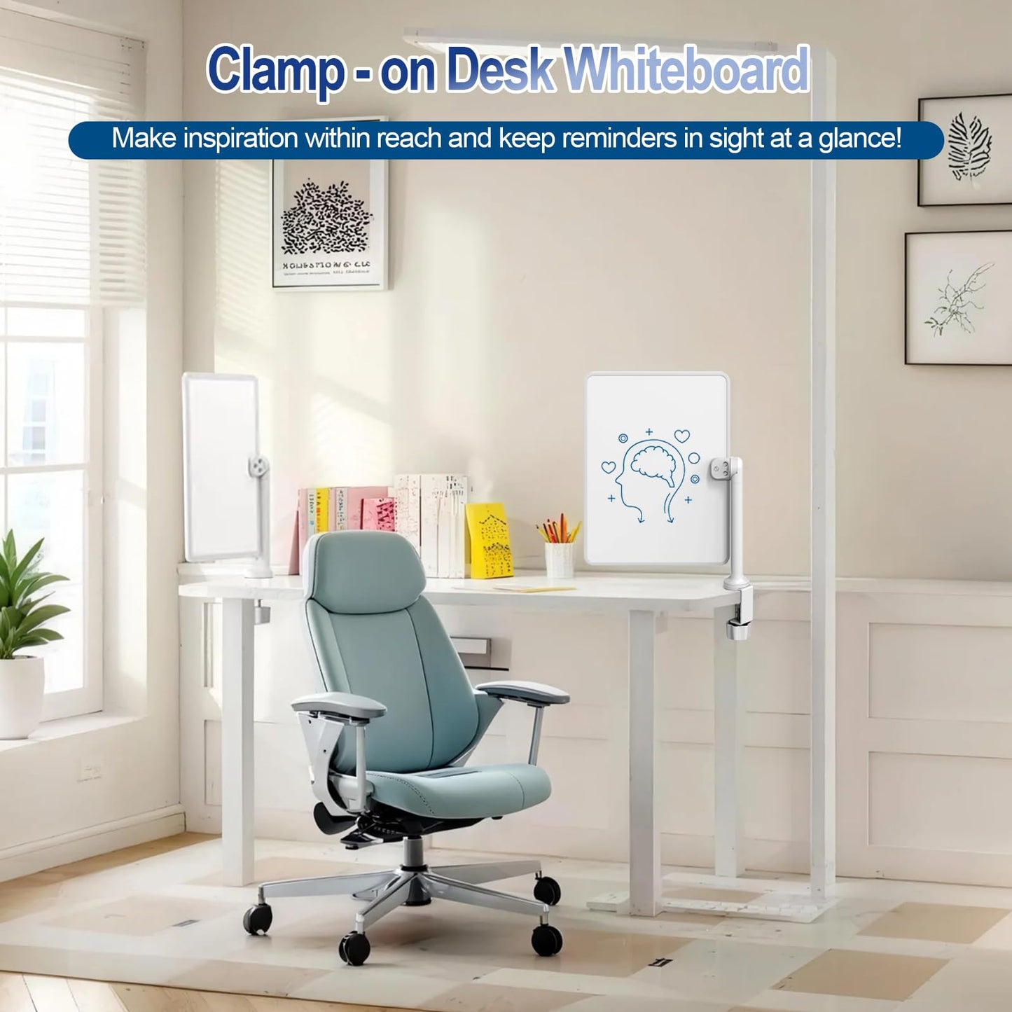 Double-Sided Desk Whiteboard with Dual 360 Swivel - 16" x 12" Clamp-On Desktop Whiteboard for Tables Under 2.3" Thick for Office, Home, School (2pc)