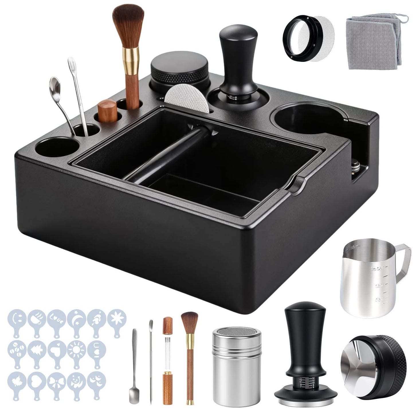28PCS 51mm Espresso Accessories Kit,Espresso Knock Box and Tamping Station,Includes Distributor,Stirrer,Dosing Funnel,Brush,Puck Screen,Frothing Pitcher,Latte Pen,Powder Ring,Towel,Decorative Stencils