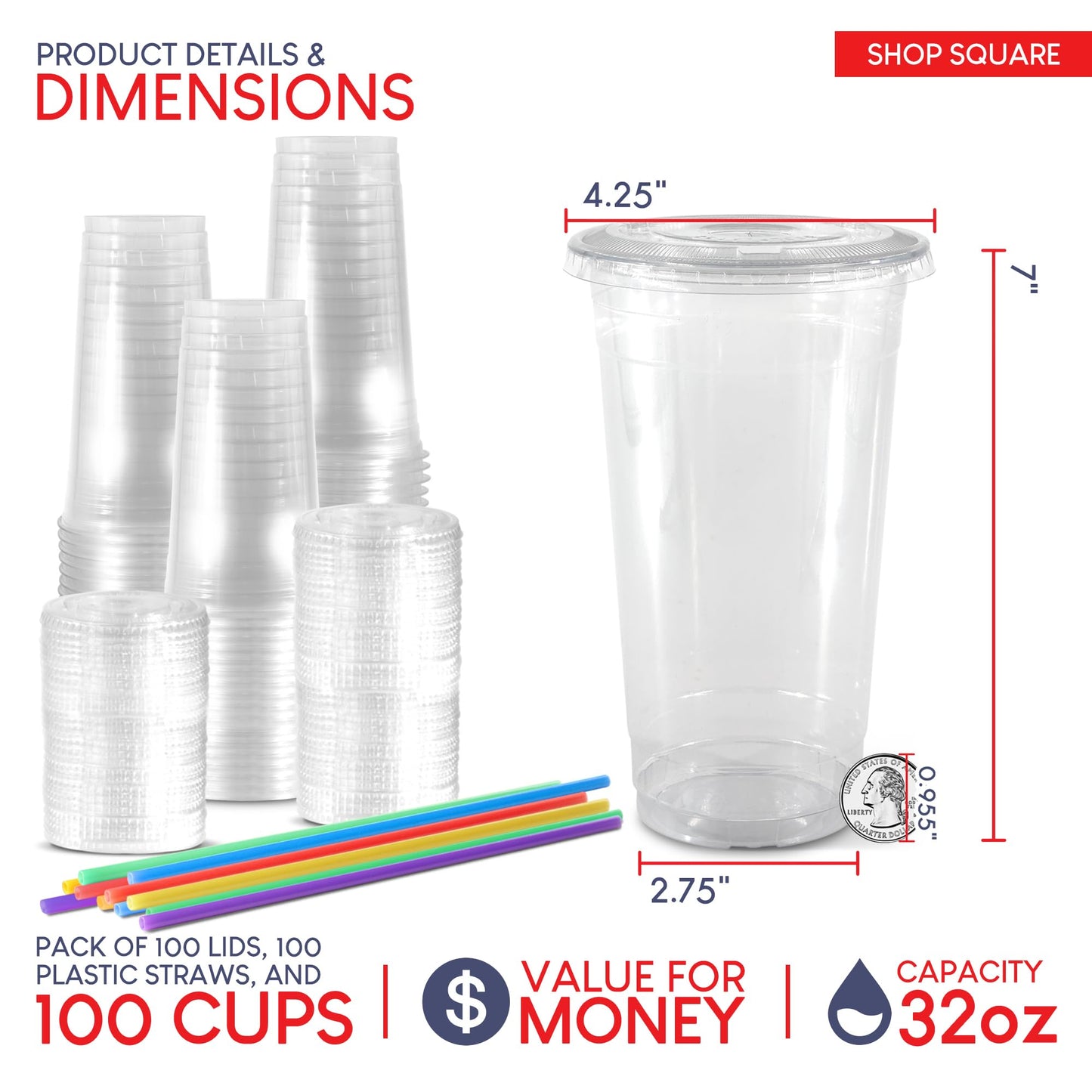 (100 Sets) 32 oz Cups with Lids and Straws, Clear Plastic Cups with Lids and Straws, Disposable Drinking Cups for Cold Drinks, Iced Coffee, Milk Shakes, Smoothies, Bubble Boba Tea