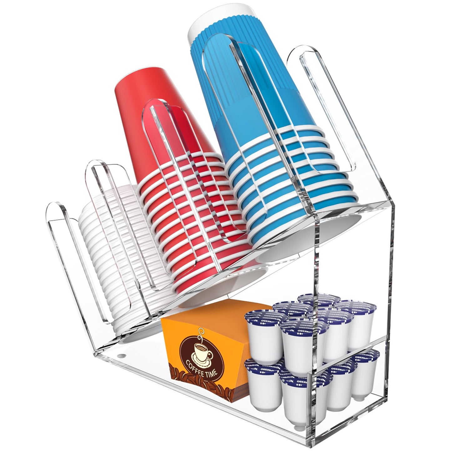 WINFFOR 3-Compartment Disposable Cup Holder - Cup and Lid Holder with Straw Organizer Clear Acrylic Cup Dispenser with Coffee Pod Storage for Coffee Station Bar Countertop Restaurant Breakroom
