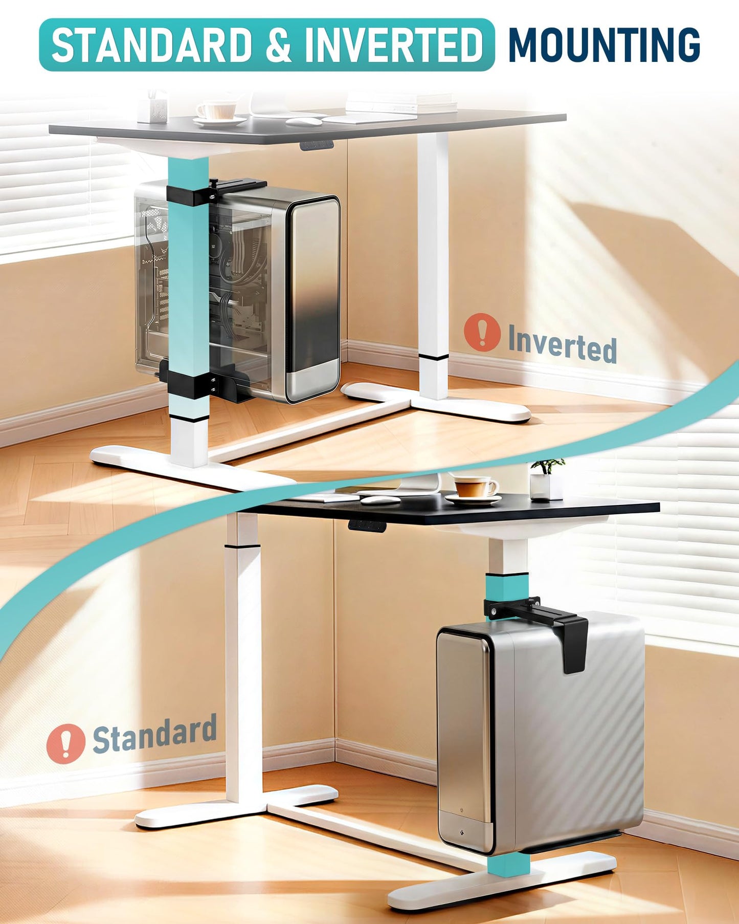 TOPSKY Adjustable Under-Desk PC Mount, No-Drill Computer CPU Holder for Standing Desks, Supports up to 50 lbs, Easy Installation, (Only Fits 80x50mm 75x45mm 65x45mm Desk Legs),Black