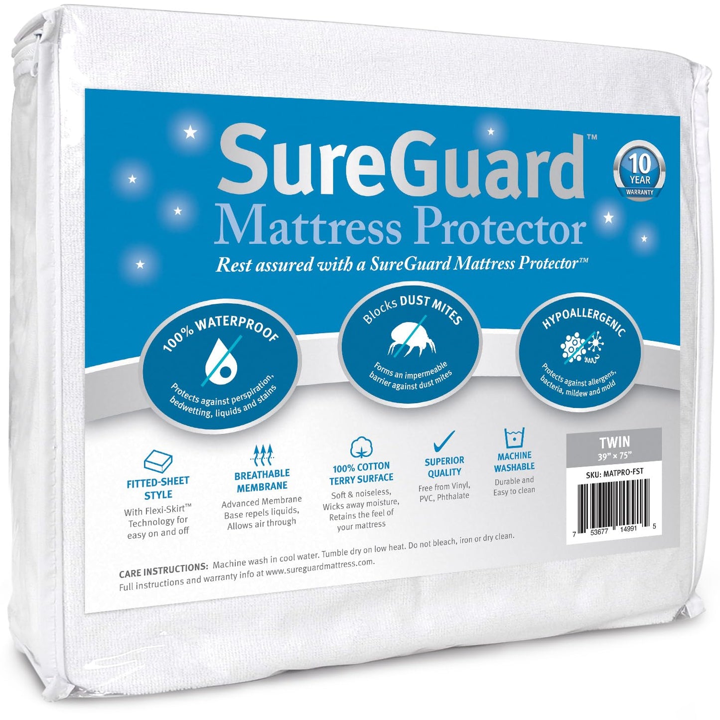 SureGuard Twin Size Mattress Protector - 100% Waterproof, Hypoallergenic - Premium Fitted Cotton Terry Cover White
