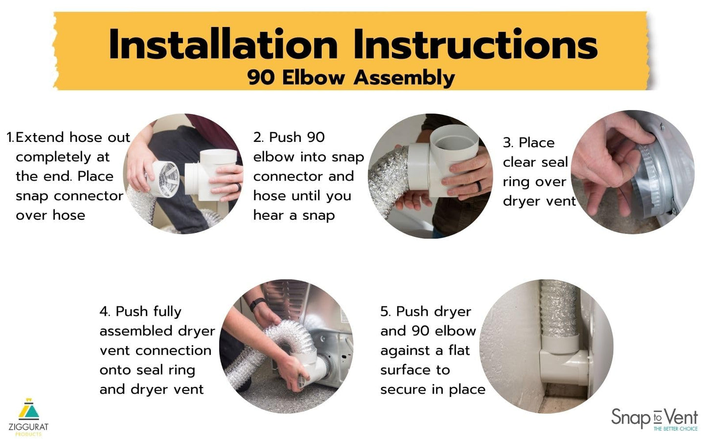 Dryer Vent Connector Kit - 90 Degree Dryer Vent Hose Connector for Tight Spaces, Space Saving Dryer Vent Elbow With Hose - DIY Toolless Design with Airtight Seal - STV-M by Ziggurat Products