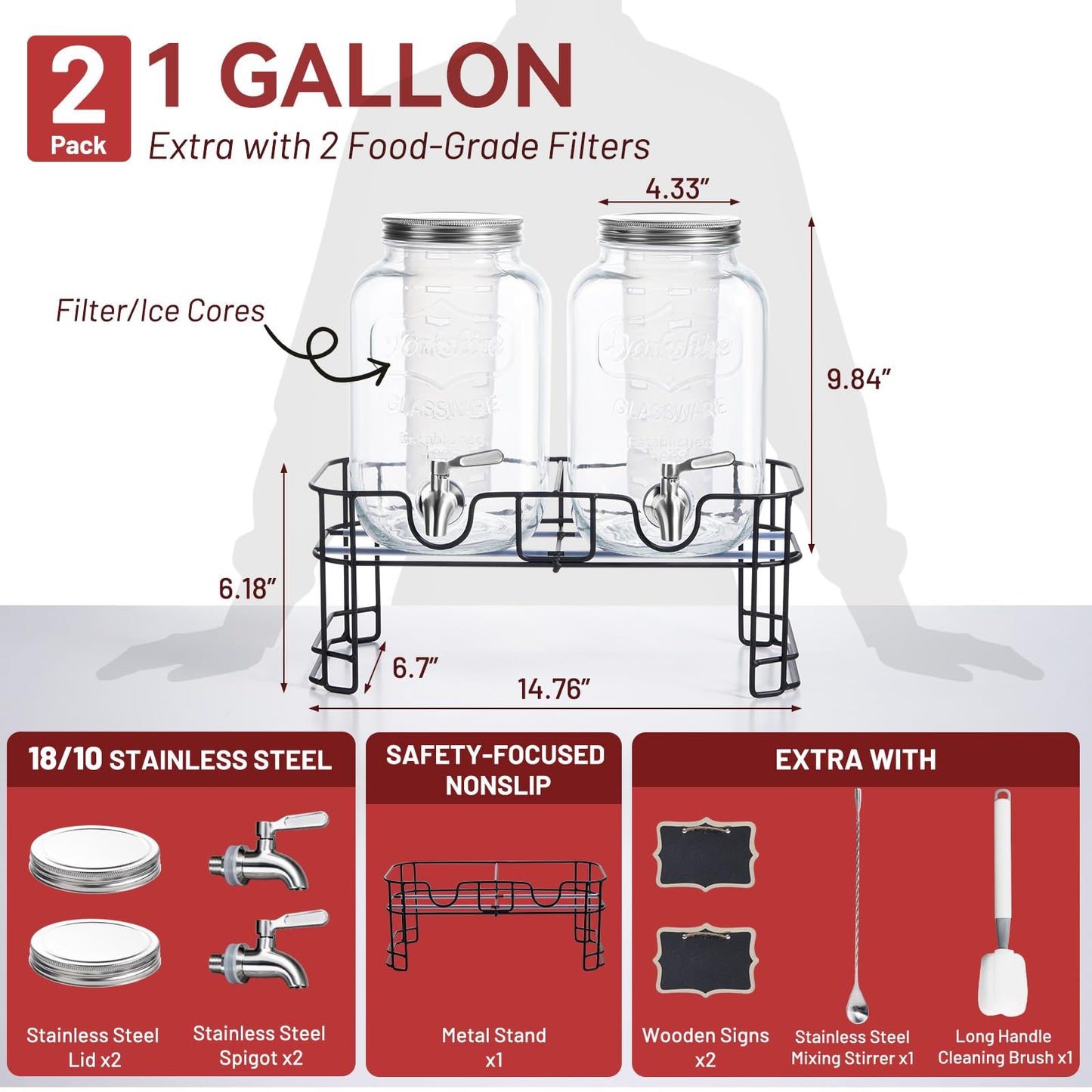 KIKCOIN 1 Gallon Glass Drink Dispensers for Parties, 2 Pack Leakproof Beverage Dispenser with Stand & 18/10 Stainless Steel Spigot & Filter -for Lemonade, Juice, Sun Tea, Punch- ALL DISHWASHER SAFE