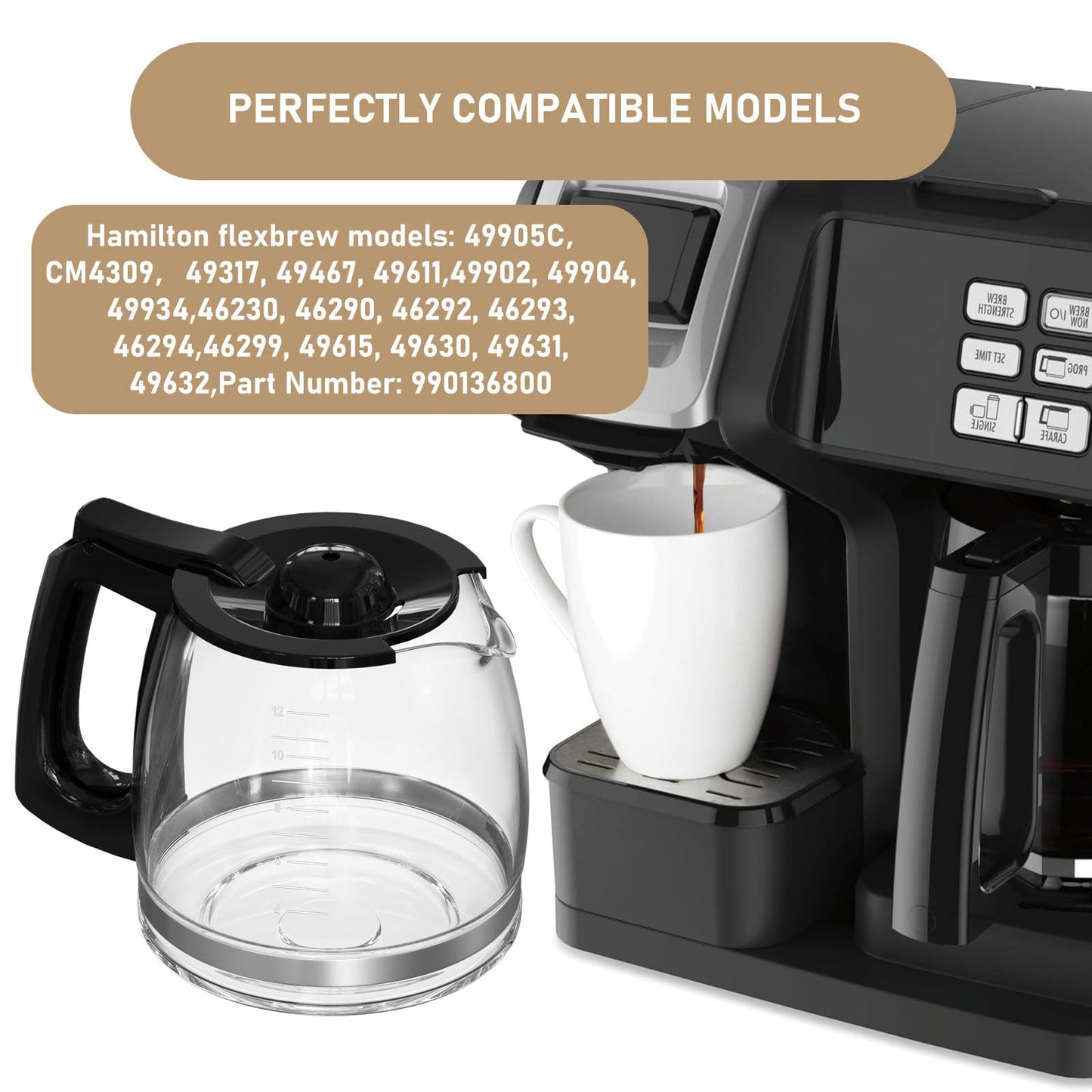12-Cup Replacement Coffee Carafe Compatible with Hamilton Beach Coffee maker Pot 49902, 49915, 49905C, CM4309, 49317, 49467, 49611, 49904, 49934, 46230, 46290, 46293, 46294, 46299
