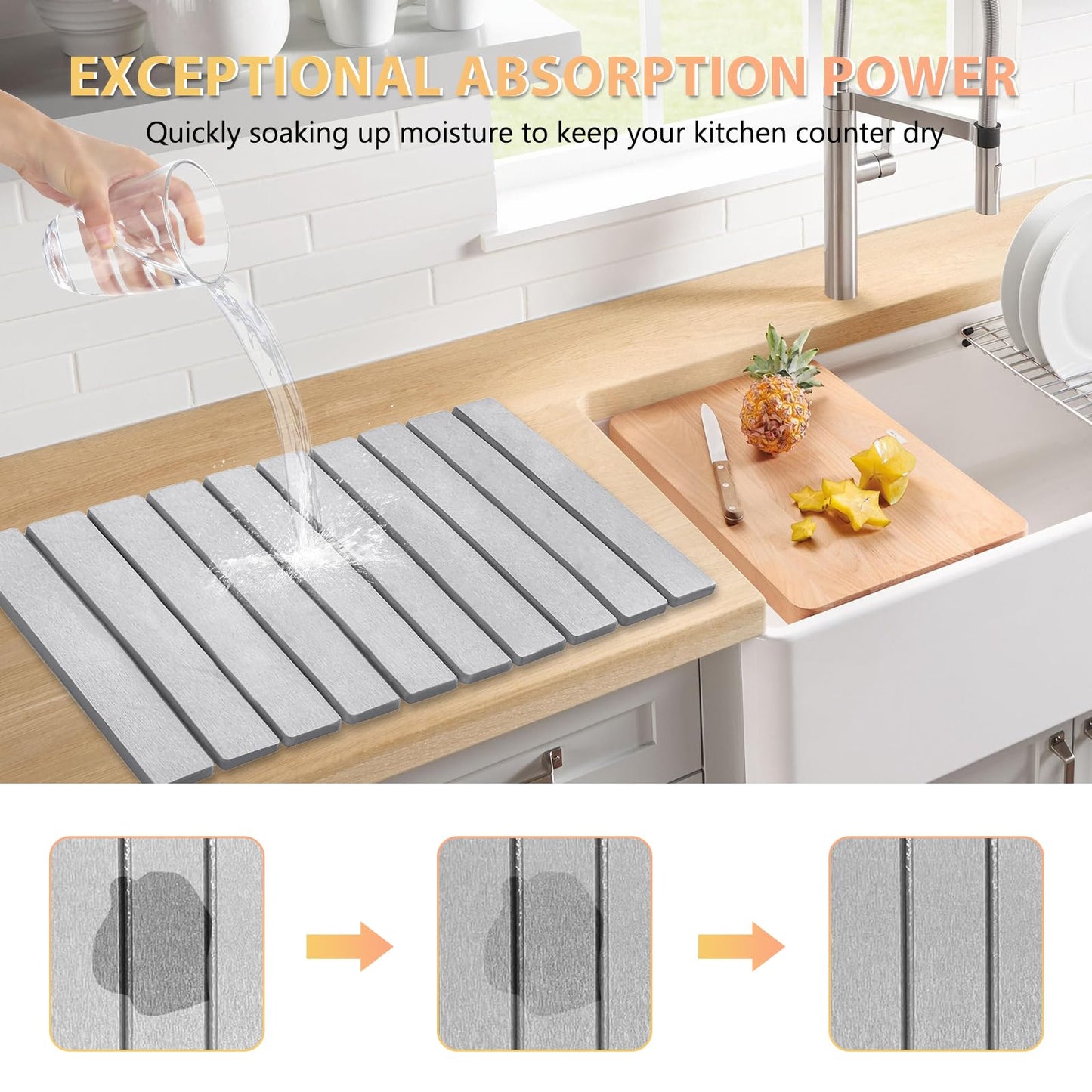 Large Stone Dish Drying Mat for Kitchen Counter, 24"×16" – Quick Drying Diatomaceous Earth, Super Absorbent, Non-Slip, Birthday Gfts for Women Mom Grandma