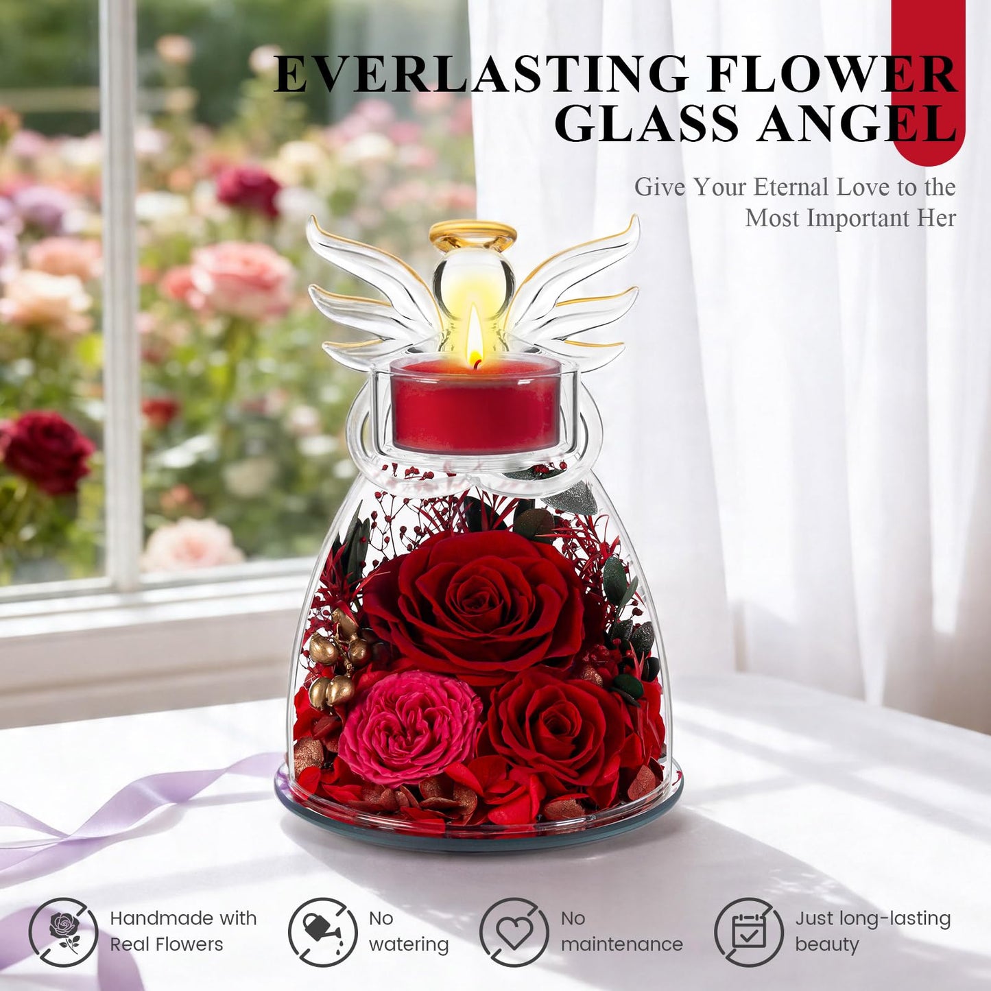 Agrul Mothers Day Roses Gifts for Mom Women,Preserved Real Flowers Roses in Glass Angel Figurines Candle Holder with Tealight Candle Holder/Red