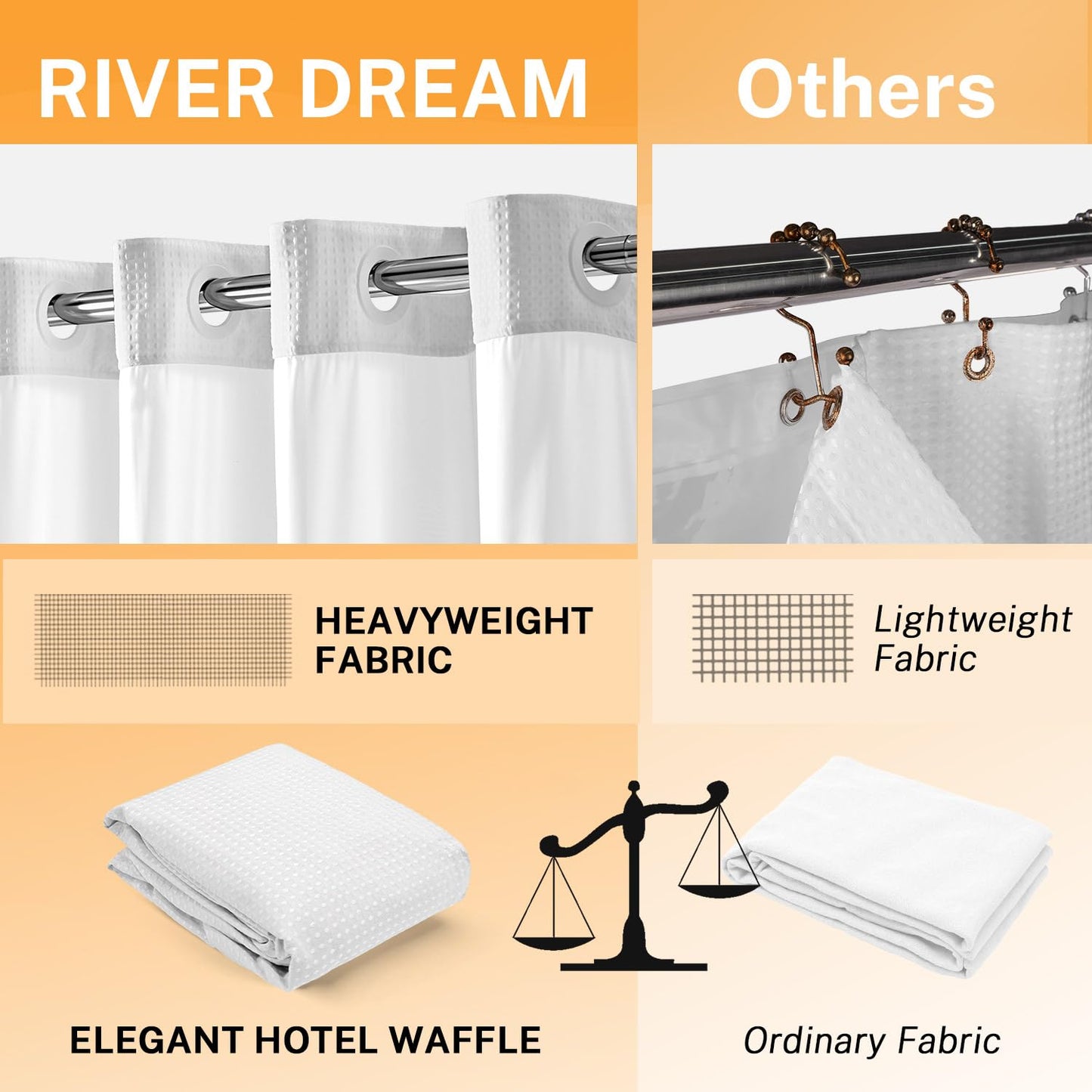 River Dream No Hooks Waffle Weave Shower Curtain with Snap in Liner + an Extra Replacement Liner，Bathroom Curtains Shower Set - 71W x 74H, Hotel Grade, Spa Like Bath Curtain, White