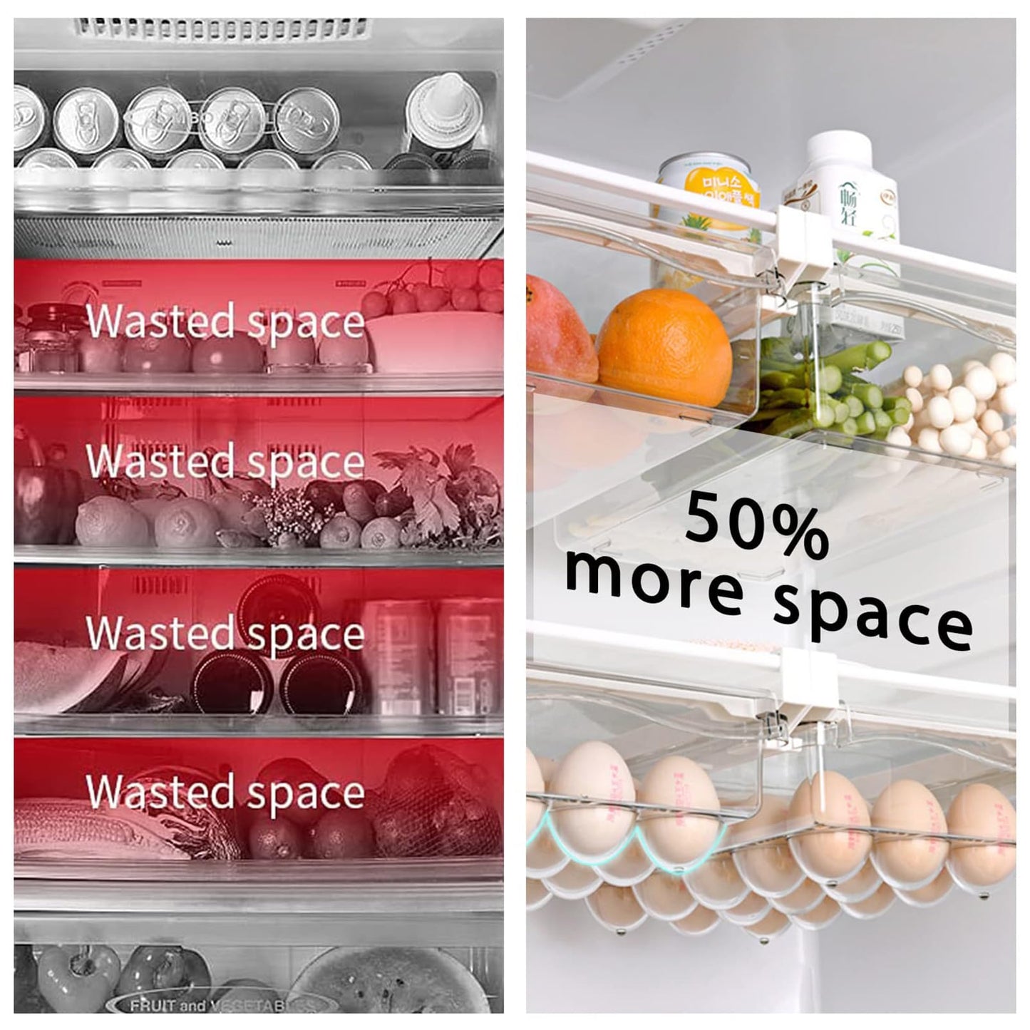 URALFA 2 Pack Fridge Drawer Organizer Egg Holder For Refrigerator Pull Out, Refrigerator Drawers for Fruit and Vegetable, Transparent Organization and Storage Box Fit for Fridge Shelf