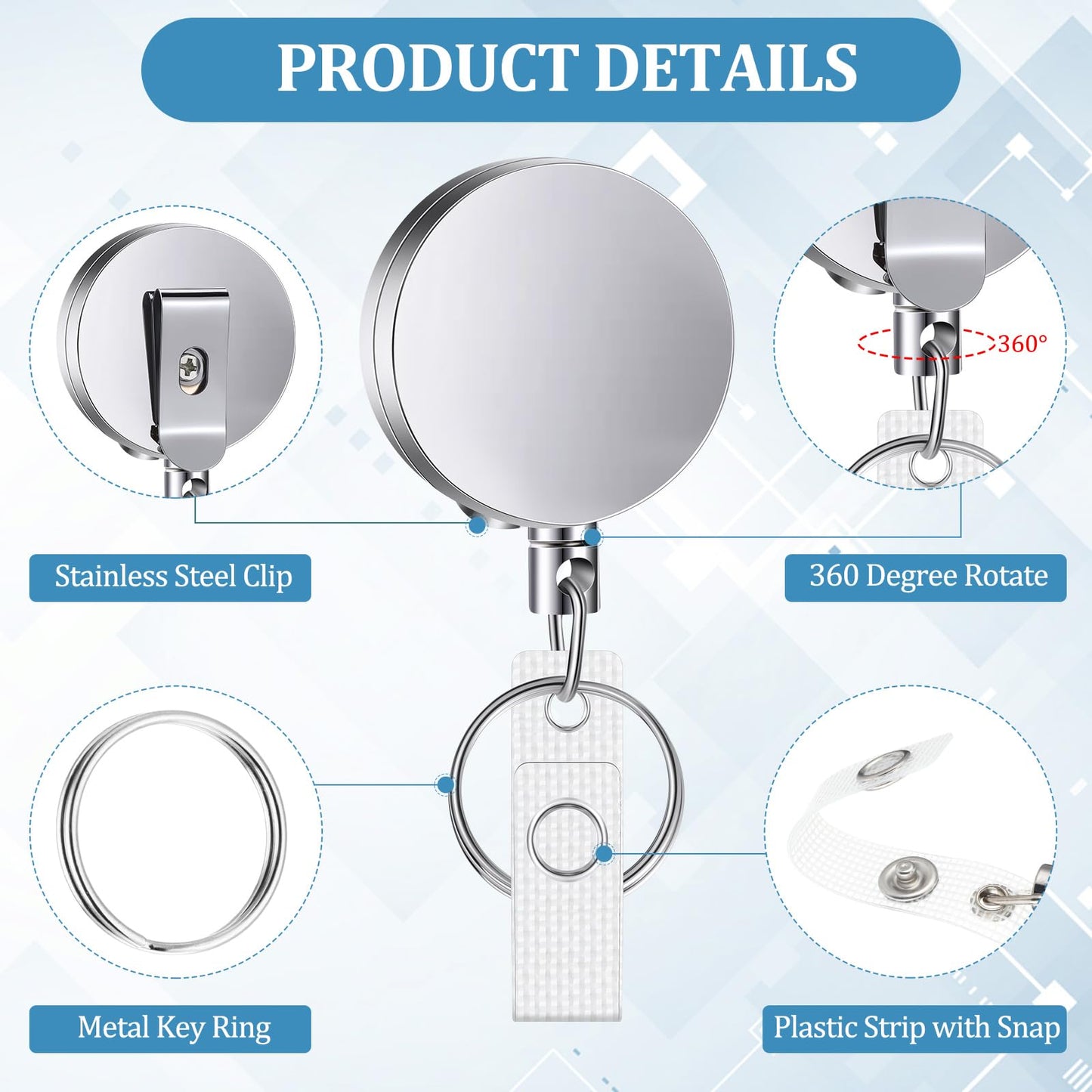 Leelosp Heavy Duty Retractable Badge Holder Reel Metal ID Badge Holder with Belt Clip Keyring Retractable Clip Bulk Card for Work Employee Doctor Nurse Gifts(Glossy Silver,50 Pack)