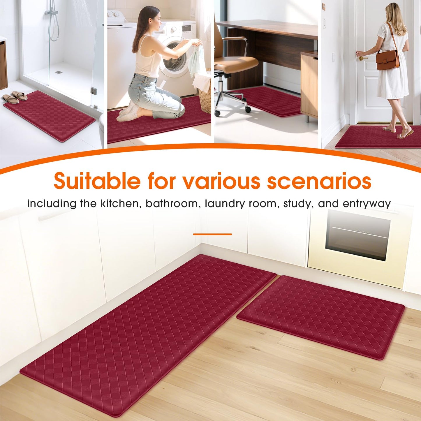 TranquilRelax Kitchen Mats, 2PCS Kitchen Rugs, Cushioned Anti Fatigue Kitchen Mats for Floor, Non-Slip Standing Desk Mat, Waterproof Kitchen Rug Set for Kitchen, Floor, Office,17.3"×30"+17.3"×47",Red