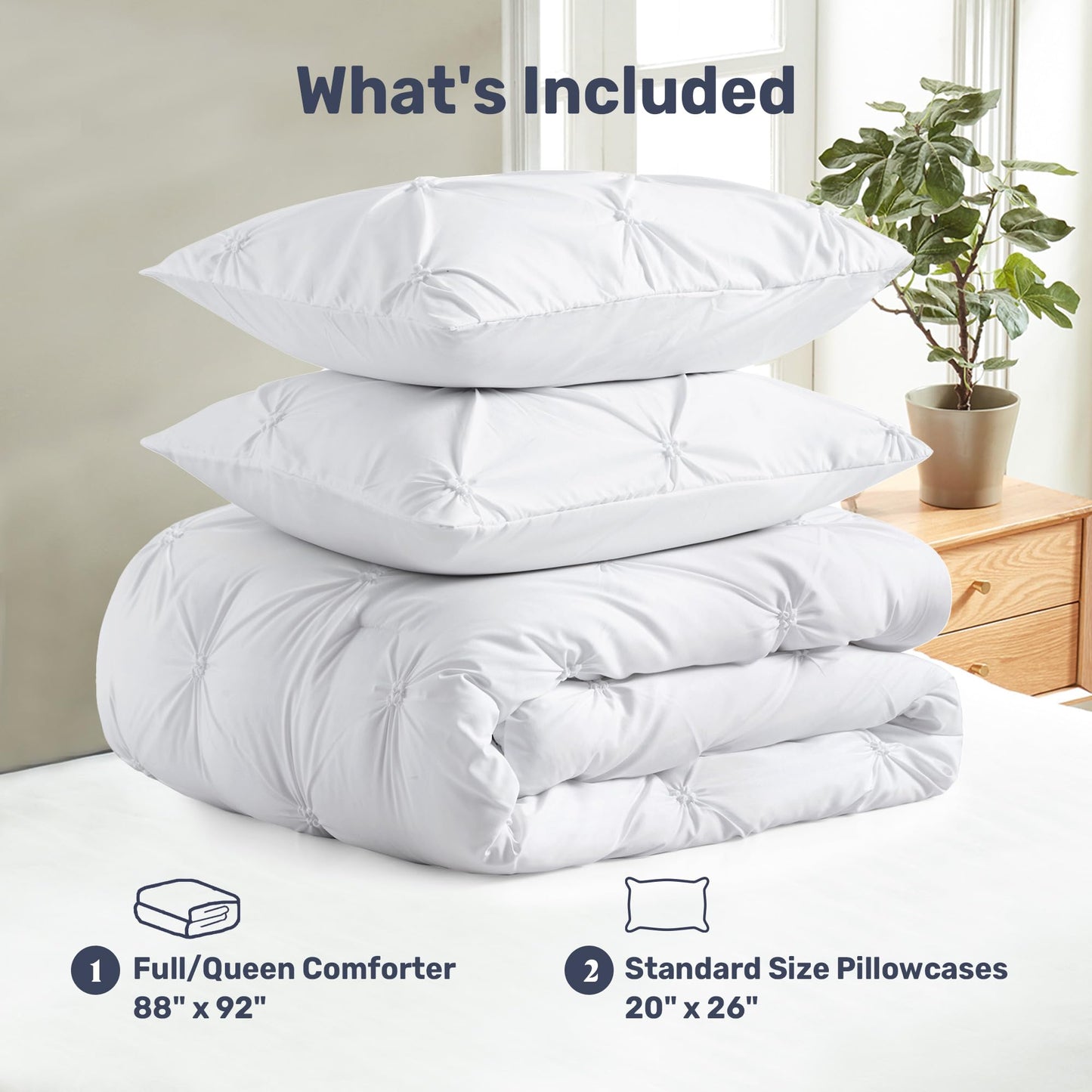 UNIKOME Queen Comforter Set White - Ultra Soft Boho Pintuck Down Alternative Bedding Set for All Seasons, 3 Pieces Lightweight Warm Pinch Pleat Bed Set with Comforter, 2 Pillowcases