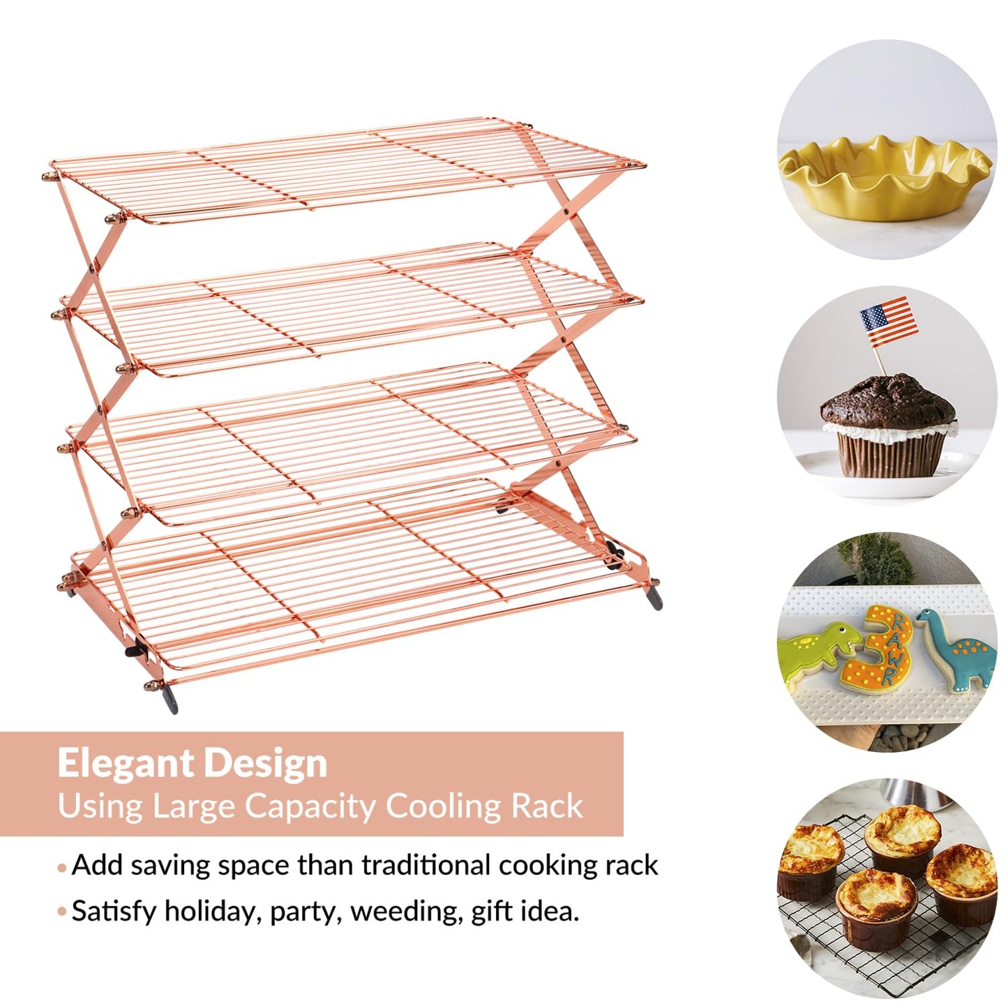 Geesta 2/3/4-Tier Collapsible Cooling Rack with Adjustable 3 Setting Design Stackable Cooling Roasting Cooking for Cookies Baking - Copper Cooking Utensils