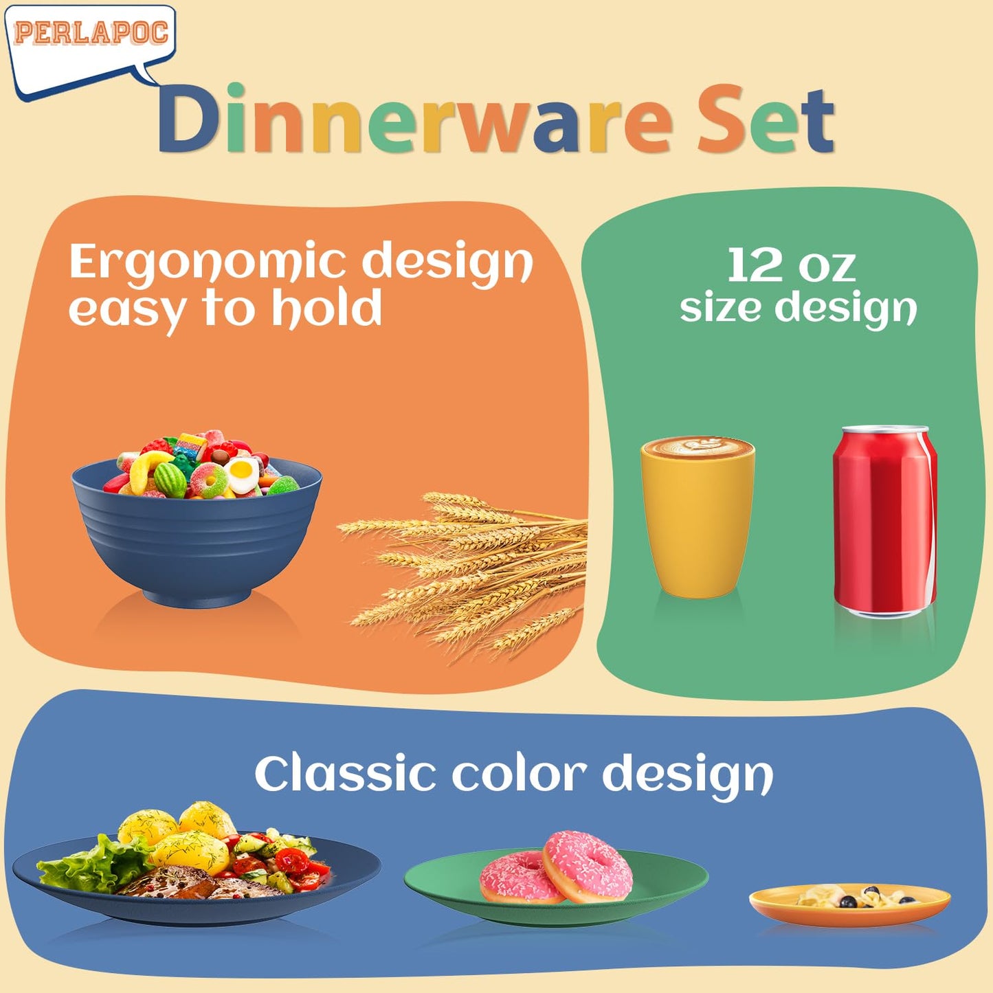 Perlapoc Wheat Straw Dinnerware Set 40 PCS - Service for 8 | Plates and Bowls Sets | Unbreakable Dishes Set - Dinner Plates, Dessert Plate, Cereal Bowls, Drinking Glasses, Dishwasher Safe - Multi