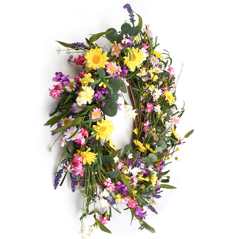 J'FLORU Spring Wreath 24 Inch Summer Wreaths for Front Door Artificial Flower Wreath with Daisy and Lavender for Indoor Outdoor and Easter Celebration