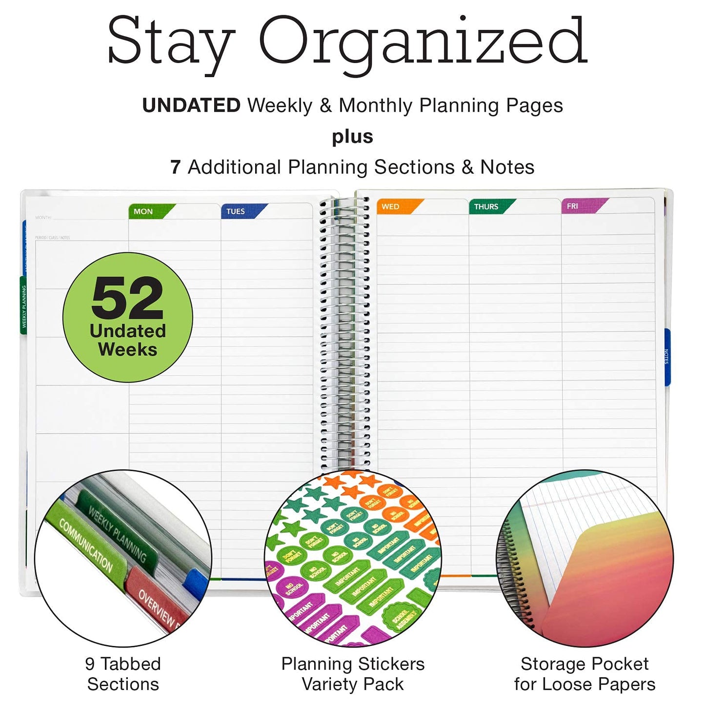 Elan Publishing Company DELUXE Undated Teacher Planner: 8.5x11 Includes 7 Periods, Page Tabs, Bookmark, Planning Stickers, Pocket Folder Daily Weekly Monthly Planner Yearly Agenda (World Map)