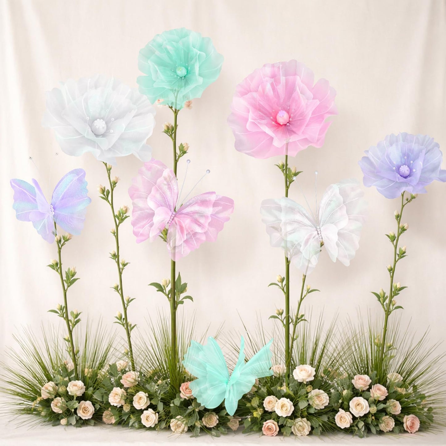 Cinnvoice 8 Pcs Large Butterfly Flower Decorations 20 Inch 12 Inch 3D Giant Silk Butterfly Big Flower Mariposas Grandes para Decoracion for Wedding Backdrop Birthday Party(Pastel)