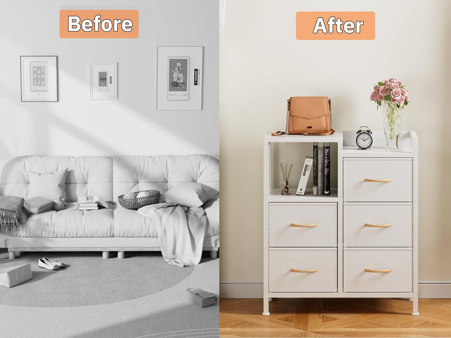 Furnulem 5 Drawer White Dressers for Bedroom 2 Tier Shelf Storage Small Fabric Dresser for Closet Sturdy Metal Frame Modern Style Storage Cabinets Organization Units for Hallway Rooms
