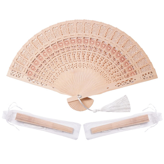 Sepwedd 50 Sets Wooden Hand Fan Baby Shower Party Favors with Organza Bags and Tassels Wooden Folding Fan （Sunflower Pattern）