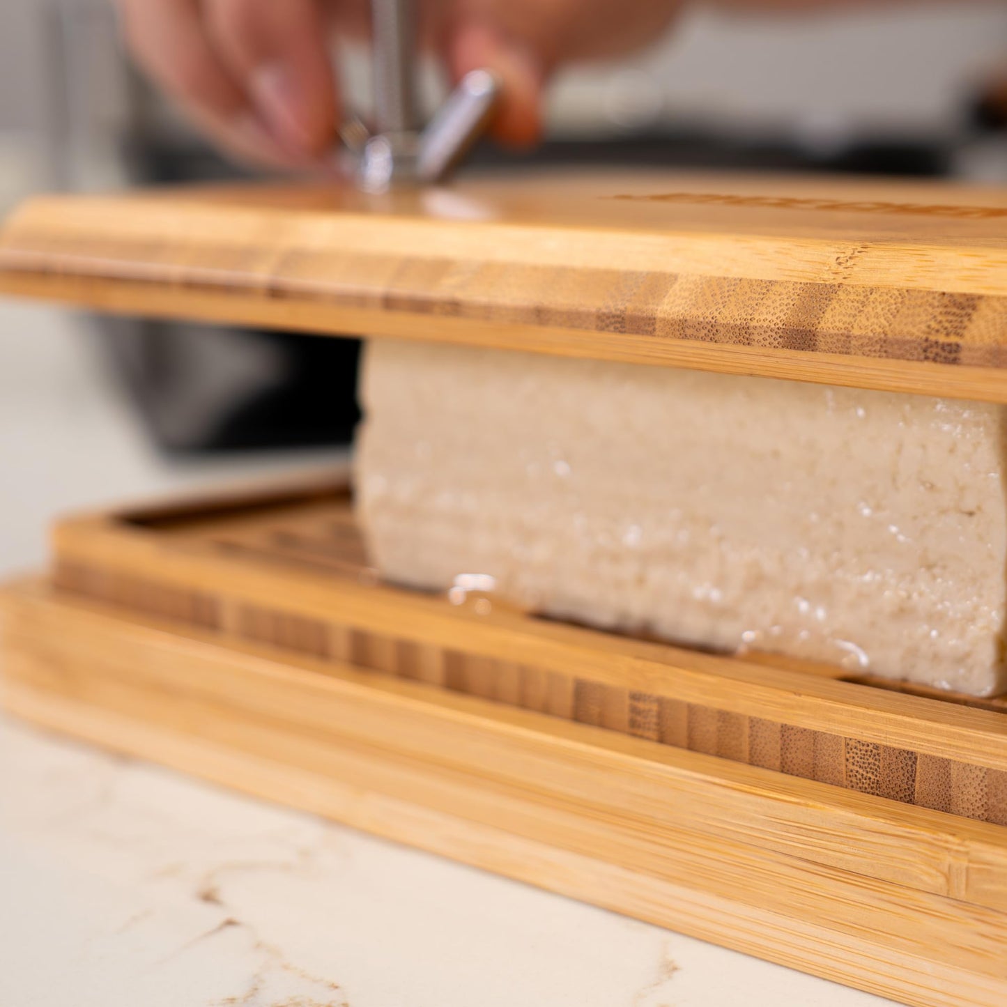 Joyce Chen Bamboo Tofu Press, Built-In Drainage Grate & Removable Drip Tray, Adjustable Dual Tension Screws, Easily Remove Water from Tofu, Mess-Free Tofu Drainer