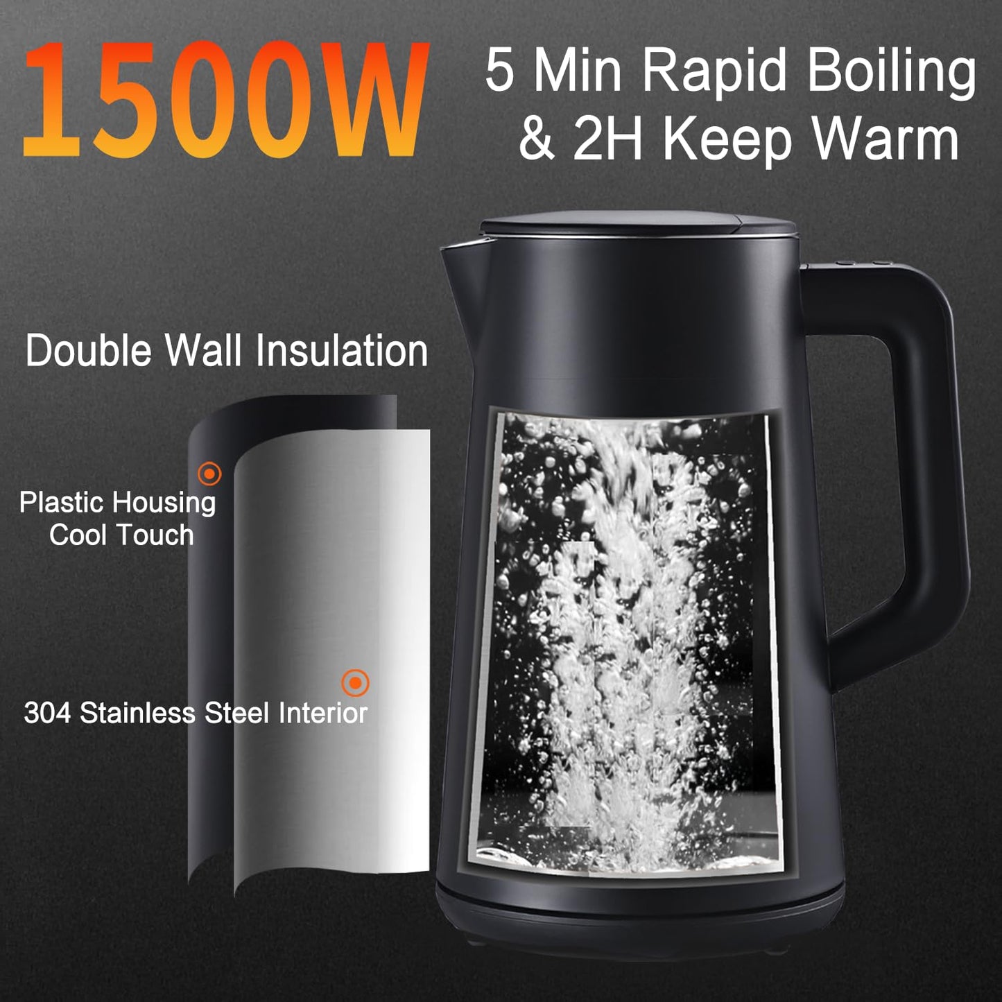 QUAXWELL 1.5L Electric Kettle Stainless Steel, Double Wall Cool Touch Teapot, Fast Boil, Precise Temperature Control, LCD Display, Auto Shut-Off, BPA-Free,Keep Warm Function, Ideal for Tea,Black