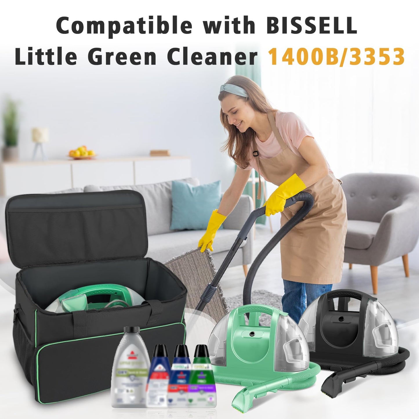 Carry Bag for Bissell Little Green Machine 1400B, Large Storage Bag Carrying Case for Bissell Carpet Cleaner, Car Vacuum Attachments Cleaning Tools Organizer, Cleaner Solution Pocke, Black(Bag Only)