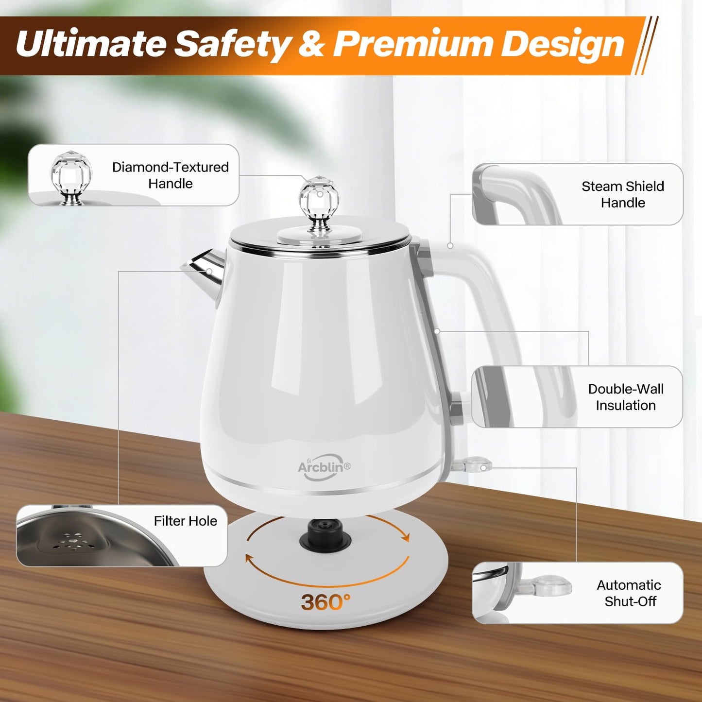 Retro Electric Kettle 1.8L, All Stainless Steel Hot Water Electric Kettle for Boiling Water, 1350W BPA Free Tea Kettle, Electric Tea Kettles Automatic Shut Off, Boil-Dry Protection,Pearl White