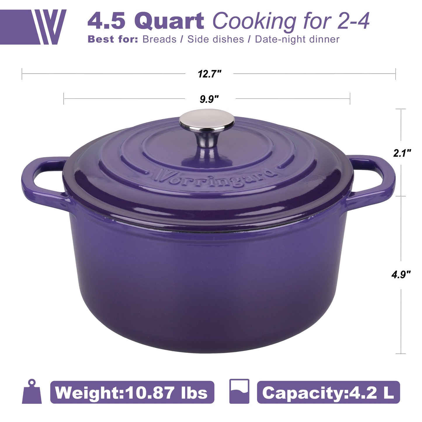 VORRINGARD Enameled Cast Iron Dutch Oven Pot with Lid, for Sourdough Bread Baking, Round Dutch Ovens, 4.5 Quart, Purple