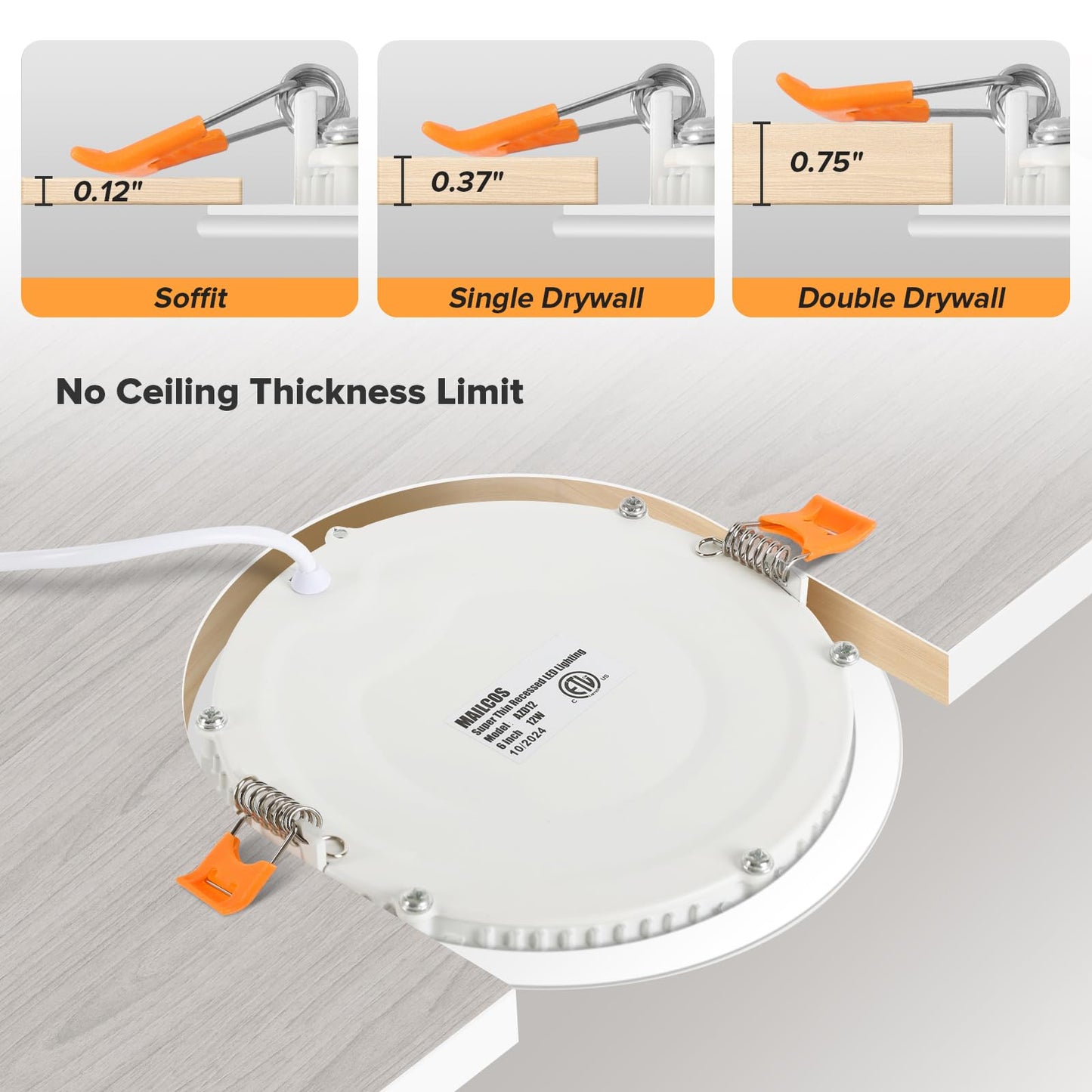 MAILCOS 12 Pack 6 Inch 5CCT Ultra-Thin LED Recessed Ceiling Light with Junction Box, 2700K-5000K Selectable, 1050LM High Brightness, Dimmable Canless Wafer Downlight, 12W 120V, ETL