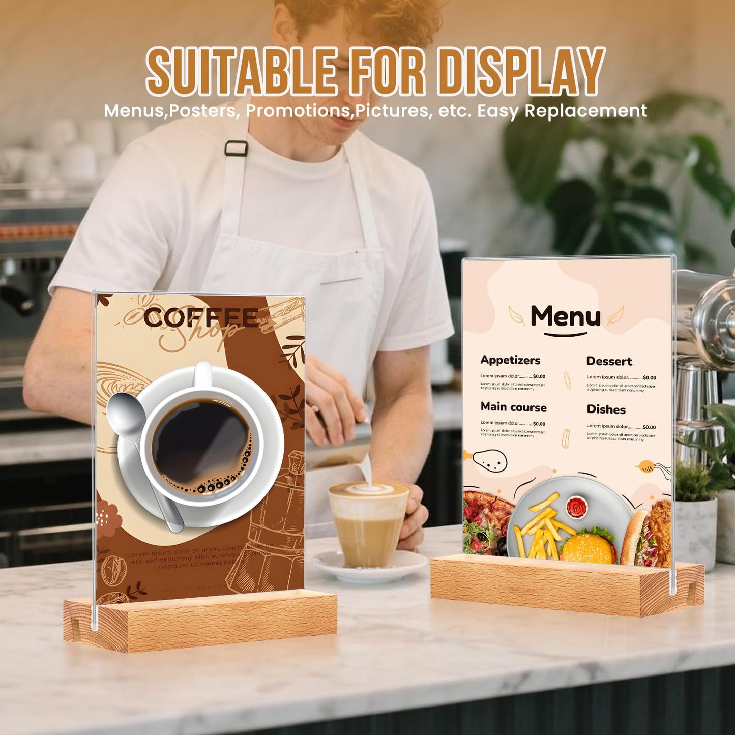EthPul 16 Pack 5x7 Acrylic Sign Holder with Wood Base Vertical and Slant Displays, Clear Plastic Flyer Display Stand, Paper photo Table Menu Sign Frame Suitable for Restaurants, Office, Store, Hotels