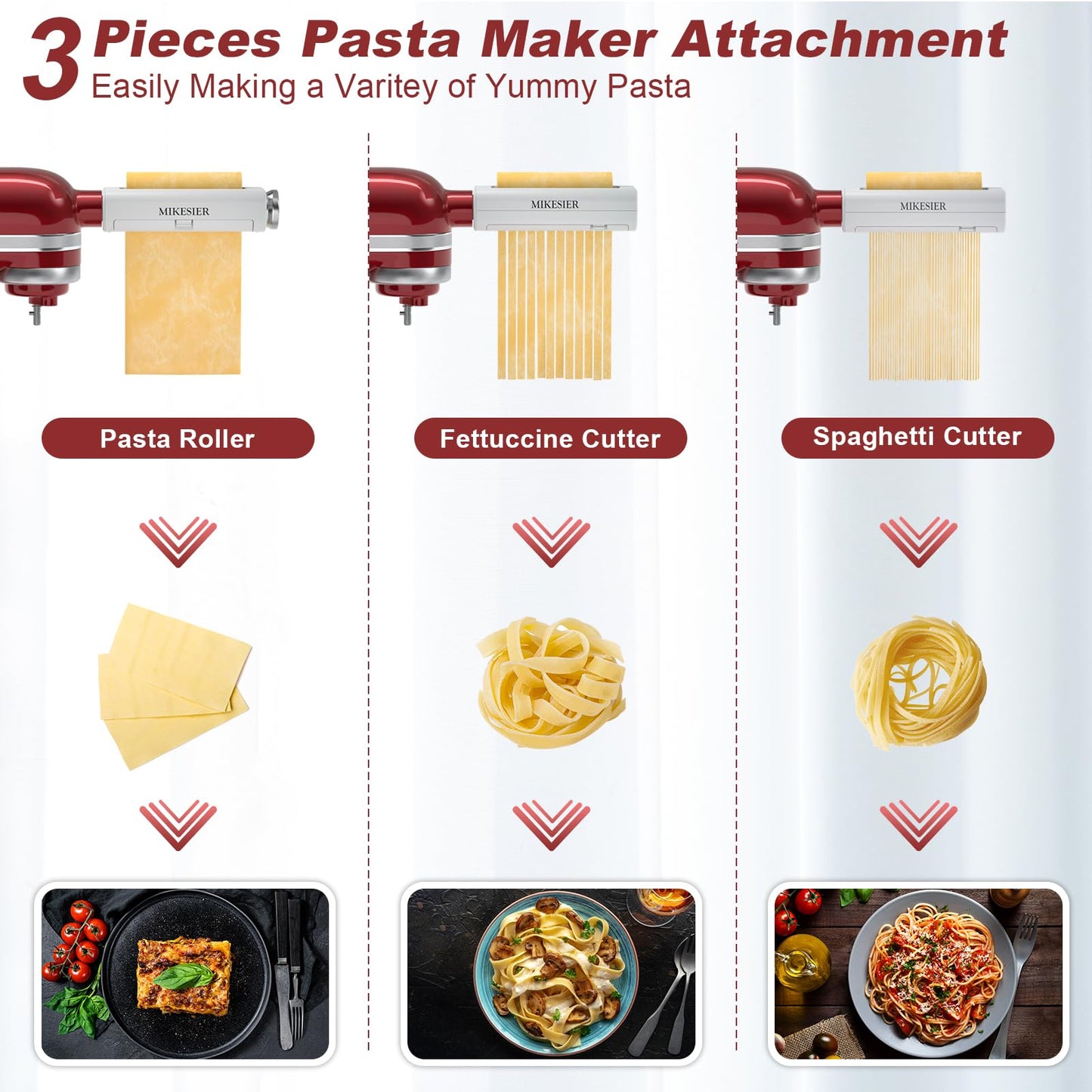 3 Pieces Pasta Maker Attachment for Kitchenaid Stand Mixers, Noodle Maker 3 PCs Set of Pasta Roller Fettuccine Cutter Spaghetti Cutter, Pasta Attachments Accessories with Cleaning Brush