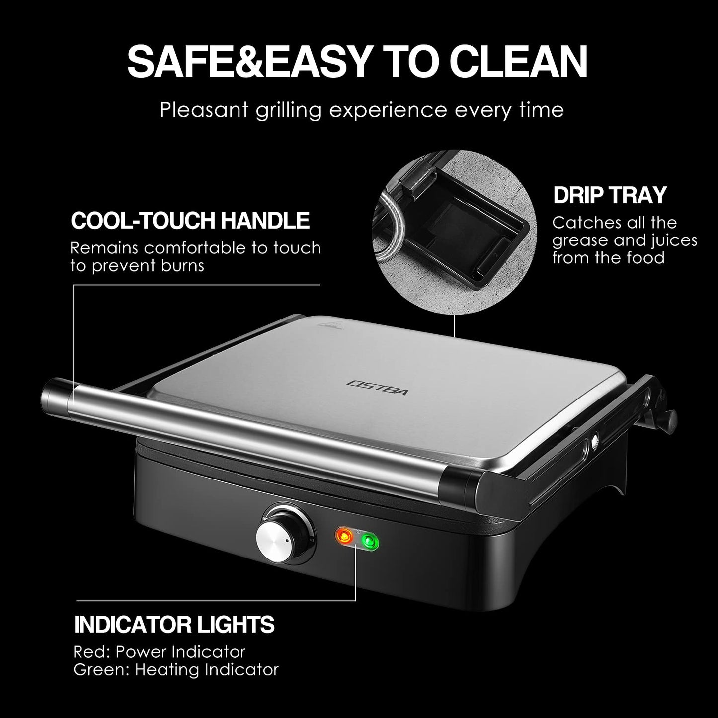 OSTBA Panini Press Grill with Adjustable Temperature, 4-Slice Indoor Grill, 180° Open Sandwich Maker with Drip Tray, Non-Stick Plates, Stainless Steel, 1200W