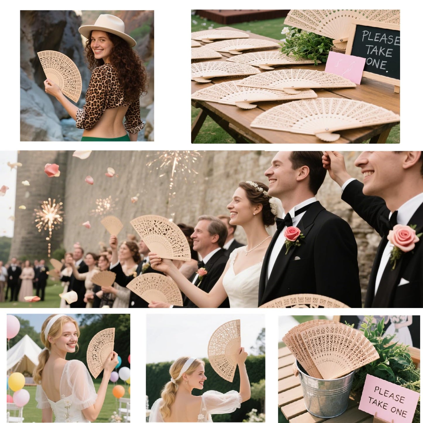 Wobe 60 Pack Sandalwood Fans Wedding Favors, Hand Held Folding Fans Wooden Openwork Personal Handheld Folding Fans for Wedding Party, Home Decorations Birthday Gift