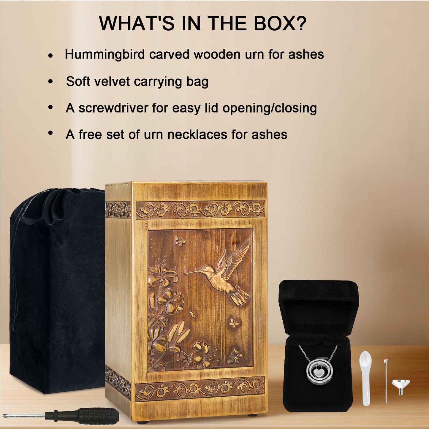 Wooden Urn for Ashes Adult Male Female, Handcrafted Large Cremation Urns Box for Human Ashes Adult Man Woman, Memorial Decorative Funeral Urn with Hummingbird Carvings, with Velvet Bag & Necklace