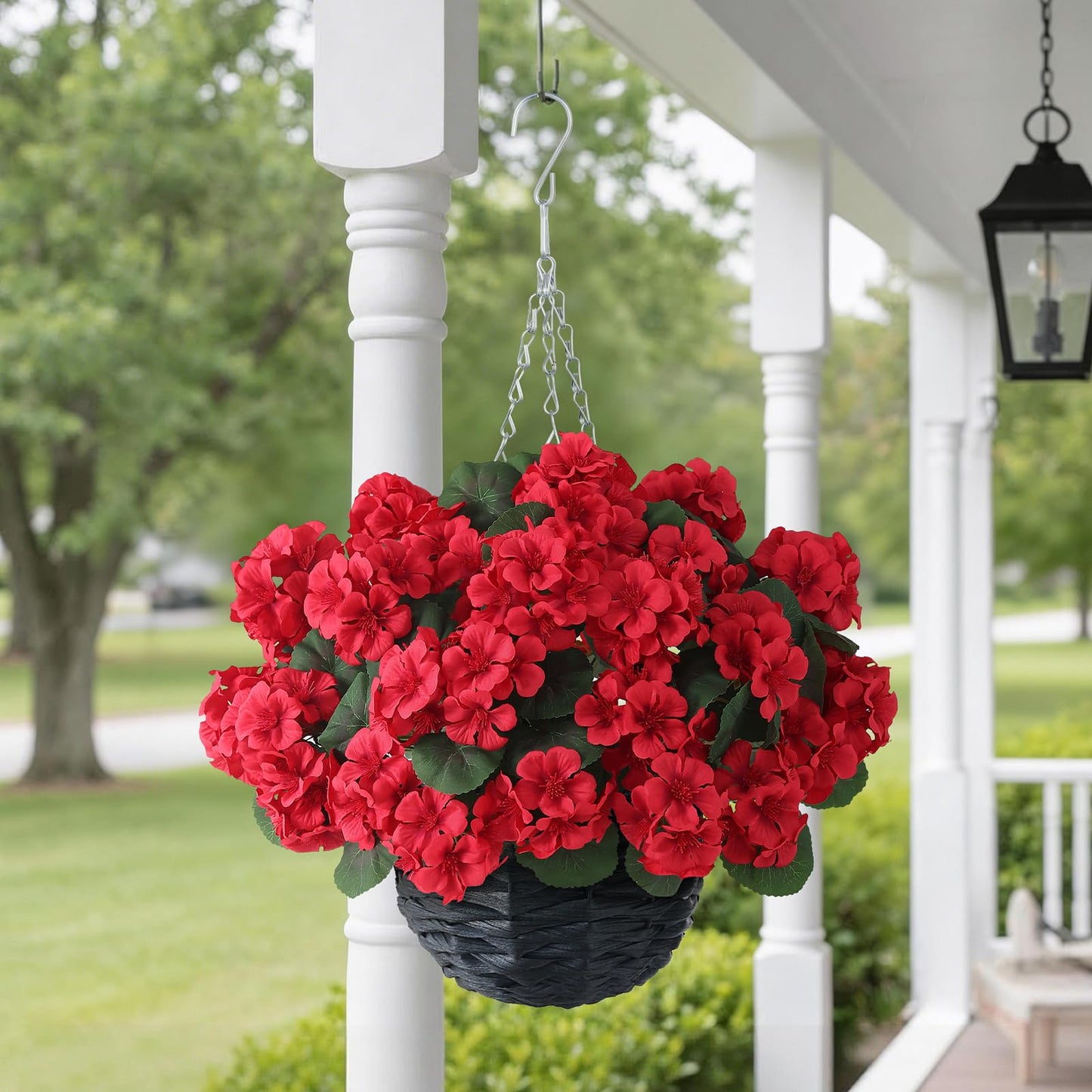 GLIDLION 2 Set Artificial Geraniums Flowers with Hanging Baskets for Outdoors - Sun Resistant Silk with Geranium Flowers, Fake Hanging Planters for Front Porch Garden Patio Home Decor (Red)