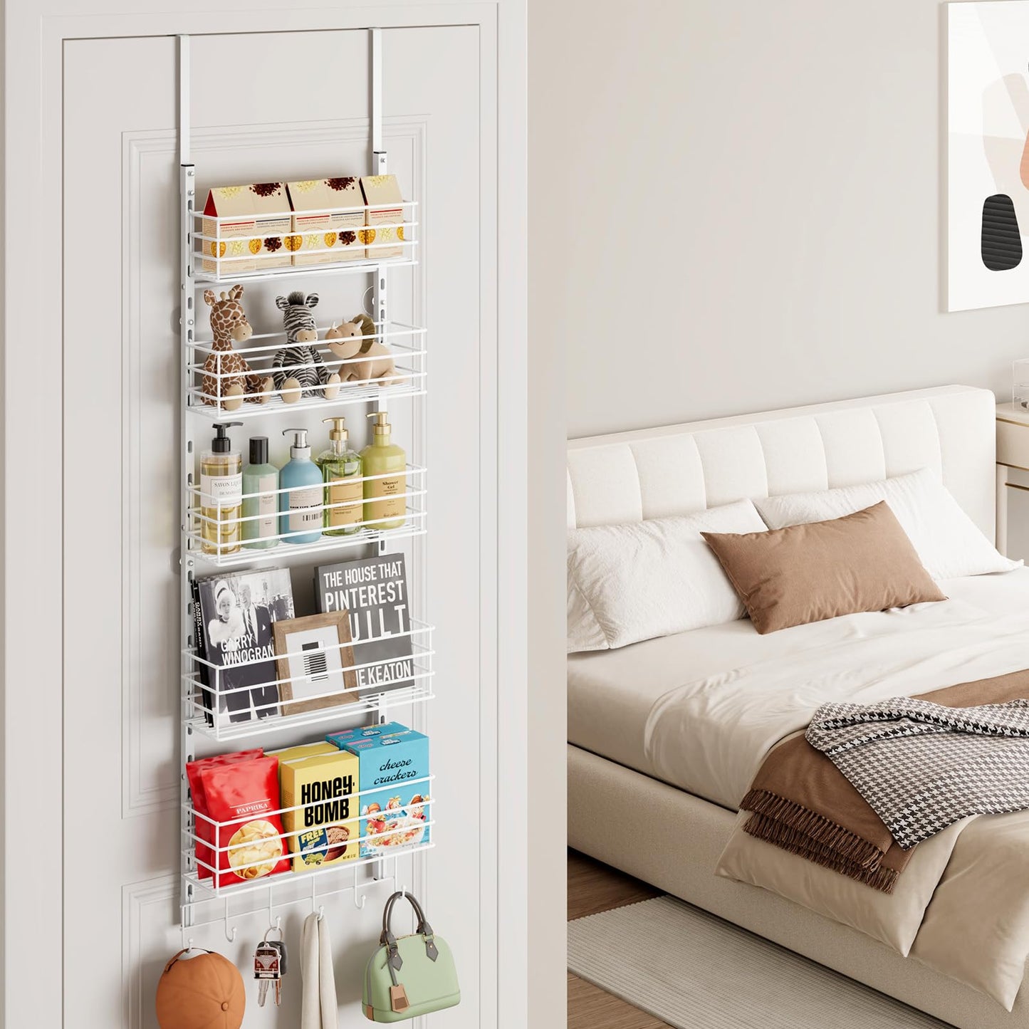 SWTYMIKI Over The Door Organizer - Door Organizer Hanging with 5 Adjustable Metal Large Capacity Basket and 6 Coat Hook, Wall Mounted Shelves for Bedroom Closet Bathroom Laundry Pantry Kitchen