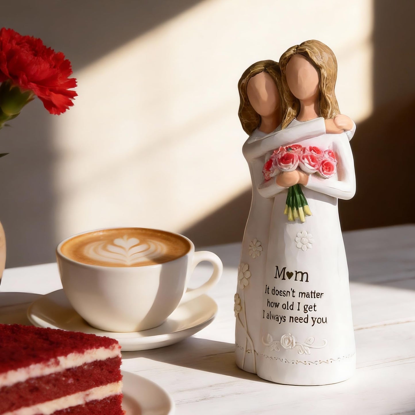 Ocosy Hand-Painted Mom Daughter Resin Figurine, Statue, Gift for Mom from Daughter, Decorative Sculpture,Red Rose