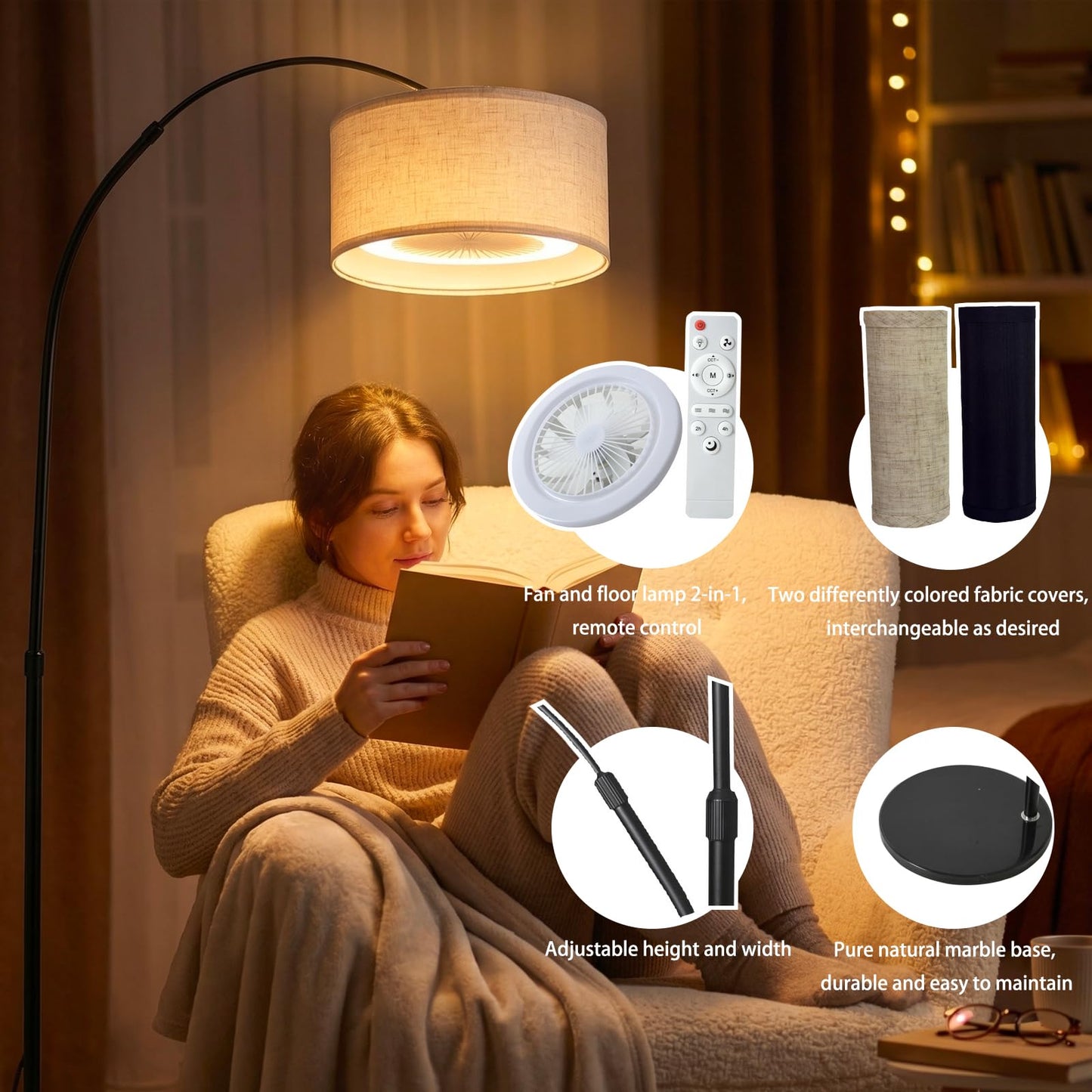 Brisluck Arc Floor Lamp with Fan Dimmable Standing Lamp with Remote 3 Color Temperatures Adjustable for Living Room Bedroom Bright Reading Lamp with Marble Base