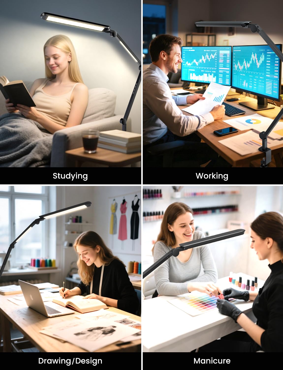 YULINKCO LED Desk Lamp with Clamp, Adjustable Dual Light & Remote Control, Puzzle Light for Table No Glare, 4 Color Modes with Wireless Remote for Home Office & Study