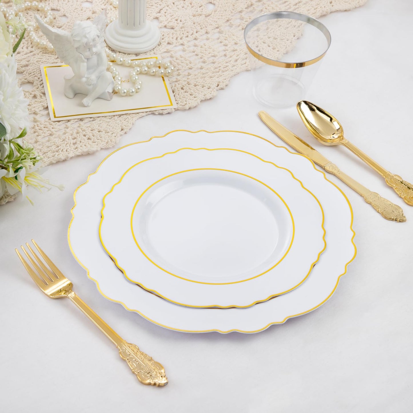 Liacere 350PCS Gold Plastic Plates-Disposable White and Gold Plates 50guest Baroque Plastic Dinnerware include 100Plates, 50Pack Pre Rolled Napkins with Silverware 50Cups for Wedding & Mothers Day
