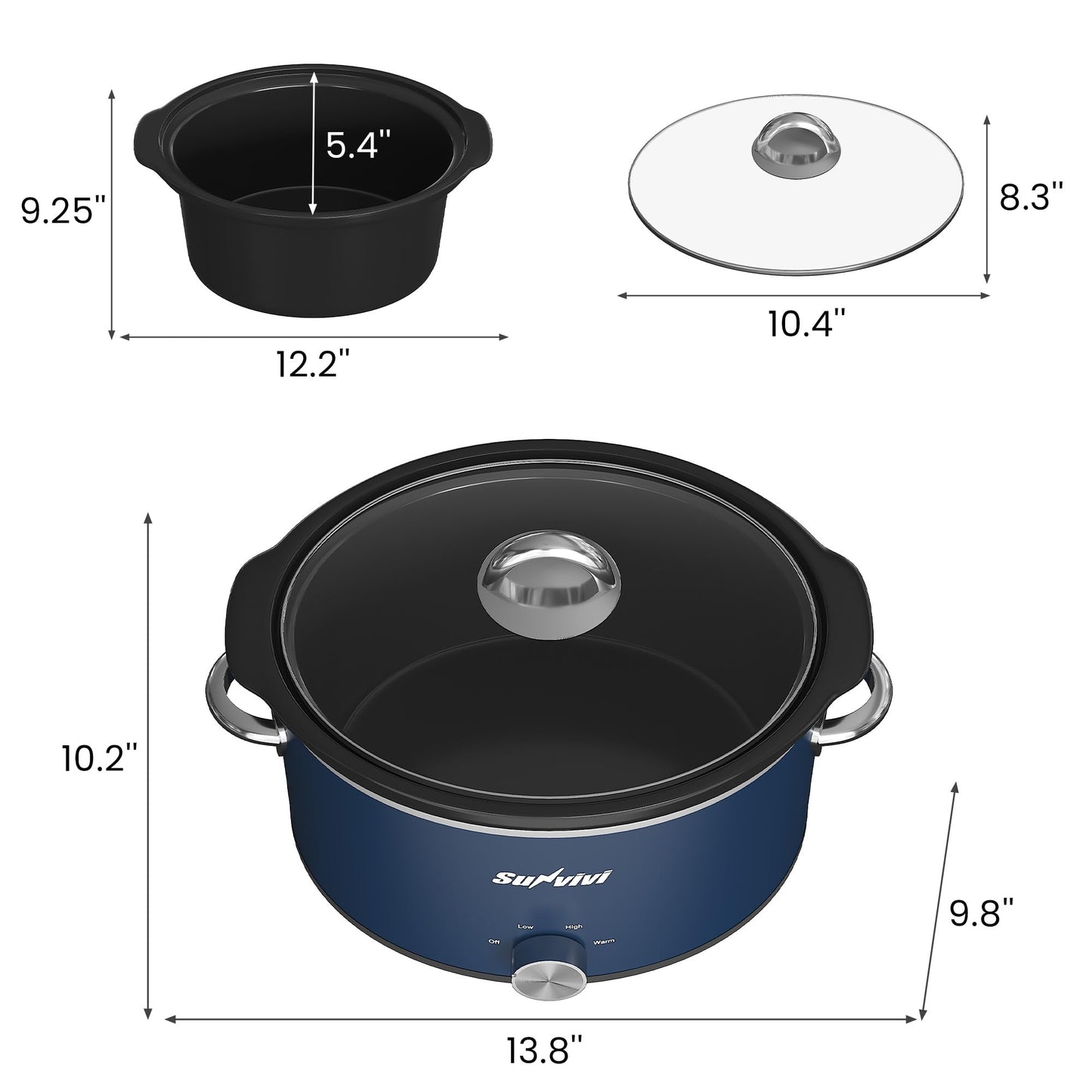 Sunvivi 4 Quart Slow Cooker & Mini Food Warmer with 3 Heating Settings, Removable Ceramic Pot, Dishwasher Safe Glass Lid, Stainless Steel, Blue
