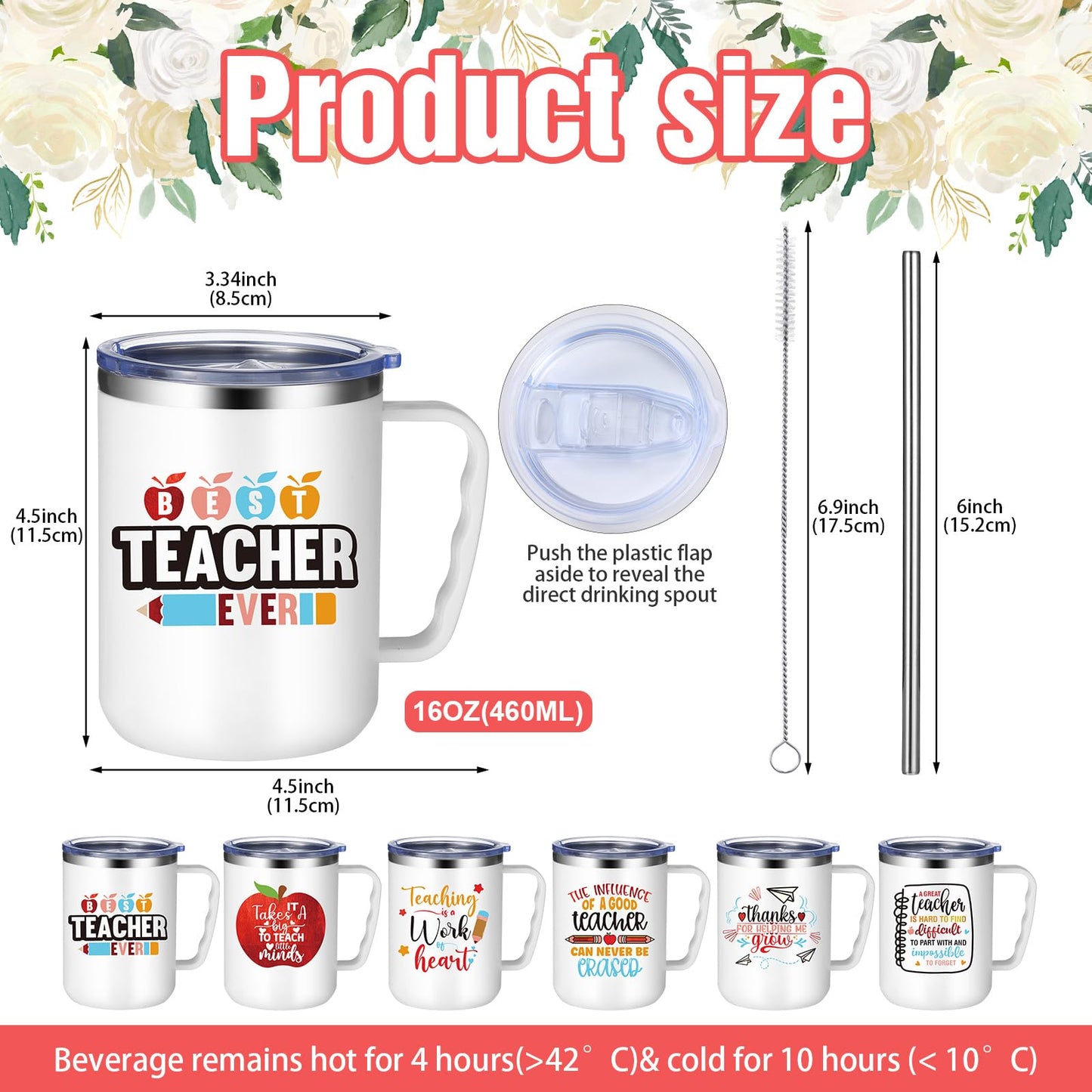 Maxcheck 6 Pcs Teacher Appreciation Gifts Mugs Bulk 16oz Thank You Teacher Stainless Steel Tumblers Inspirational Insulated Coffee Cups with Handle Lids Straw for Women Birthday Christmas