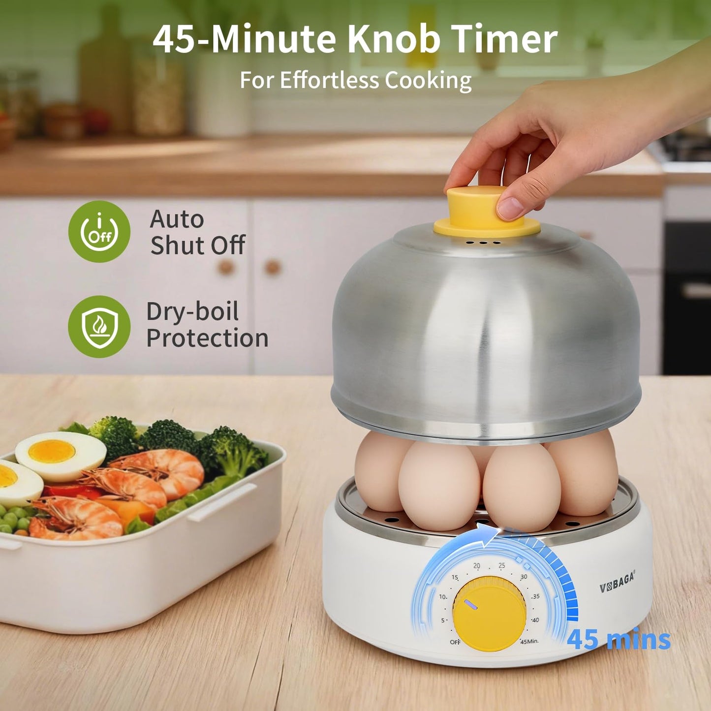 VOBAGA Rapid Egg Cooker, Electric Egg Boiler and Steamer Machine, 9 Egg Capacity, Stainless Steel, Auto Shutoff with Silent Timer, 400W (White)
