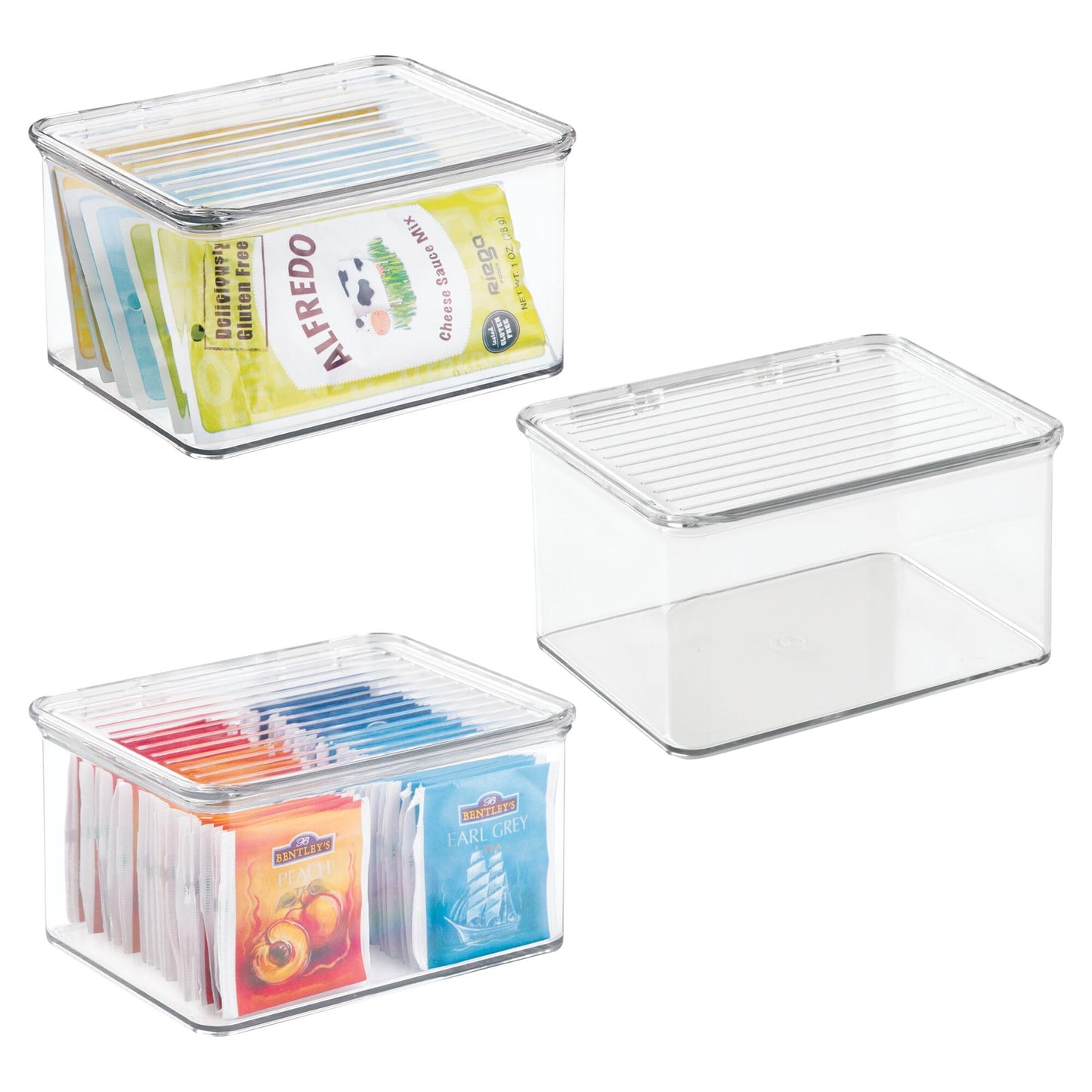 iDesign Plastic Stackable Hinged-Lid Pantry or Kitchen Storage Box - Set of 3 - Clear