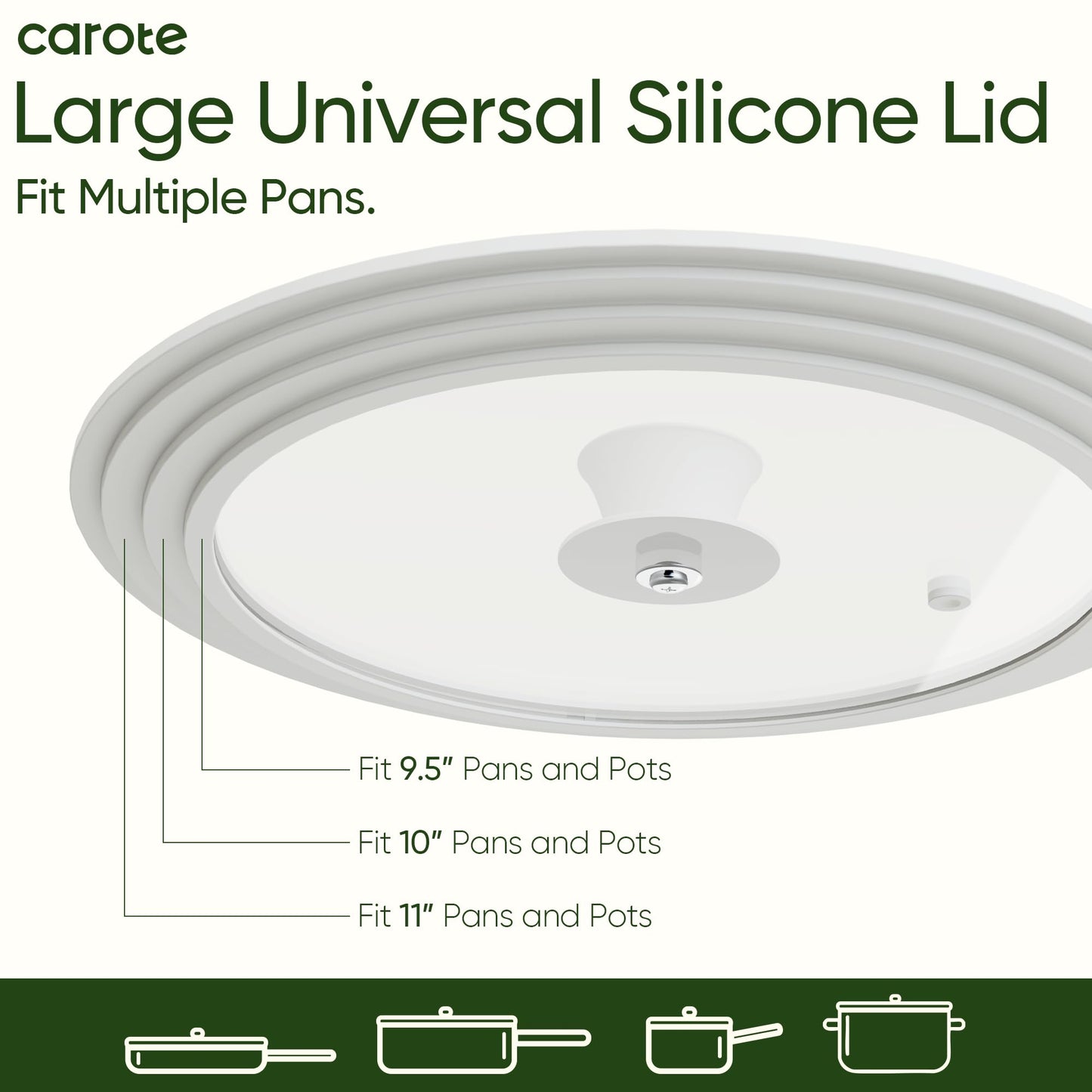 CAROTE 2 PCS Universal Silicone Lid for Pots, Pans and Skillets, Pot Lid fit 6", 7" 8" & 9.5", 10", 11" Diameter Cookware, Pan Cover With Heat Resistant Silicone Rim and Tempered Glass, White