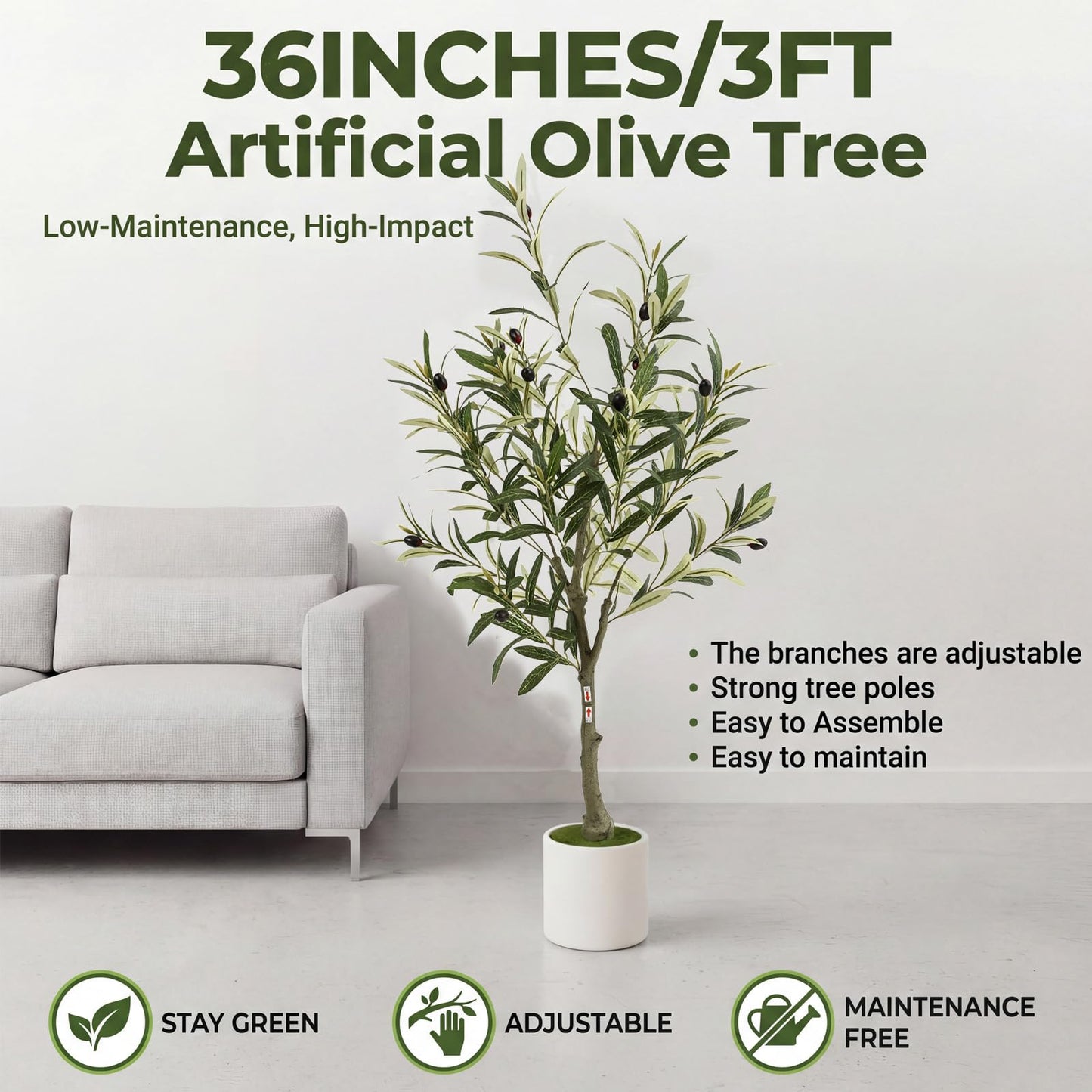 Huhemy 3FT Spherical Fake Olive Tree Artificial Indoor,Faux Olive Tree with Pot,Large Olive Branches and Lifelike Fruits,for Home Office House Living Room Decor.